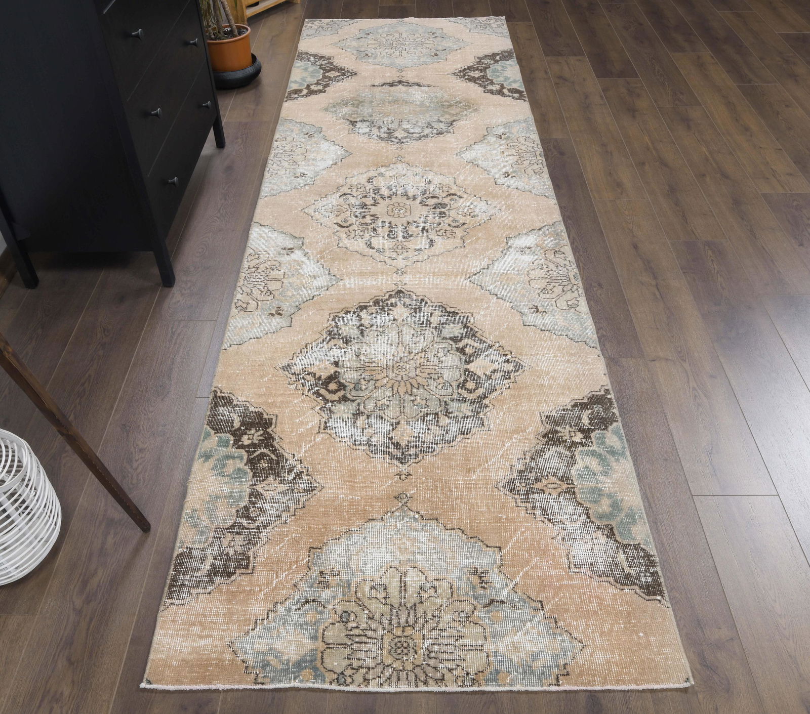 3.3x10.8 Turkish ANTIQUE Runner, Oushak Handmade Wool: This Turkish one-of-a-kind Vintage Runner Rug is hand-knotted and handwoven by the most skilled artisans who use pure wool, in pastel, natural tones, and stylish, oriental design in Beige Color. It is