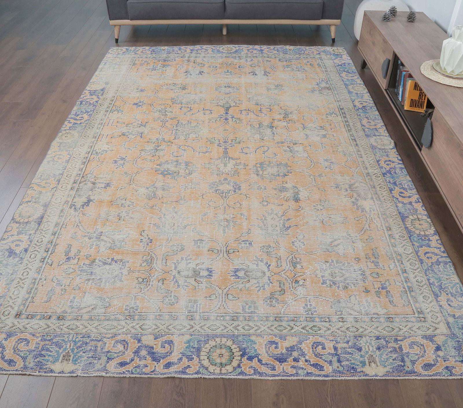8x11 Turkish Antique Rug, Oushak Handmade Wool Carpet,: This Turkish one-of-a-kind Folk ART Vintage Rug is hand-knotted and handwoven by the most skilled artisans who use pure wool, in pastel, warm tones, and stylish, perfect Floral design in Orange Color.