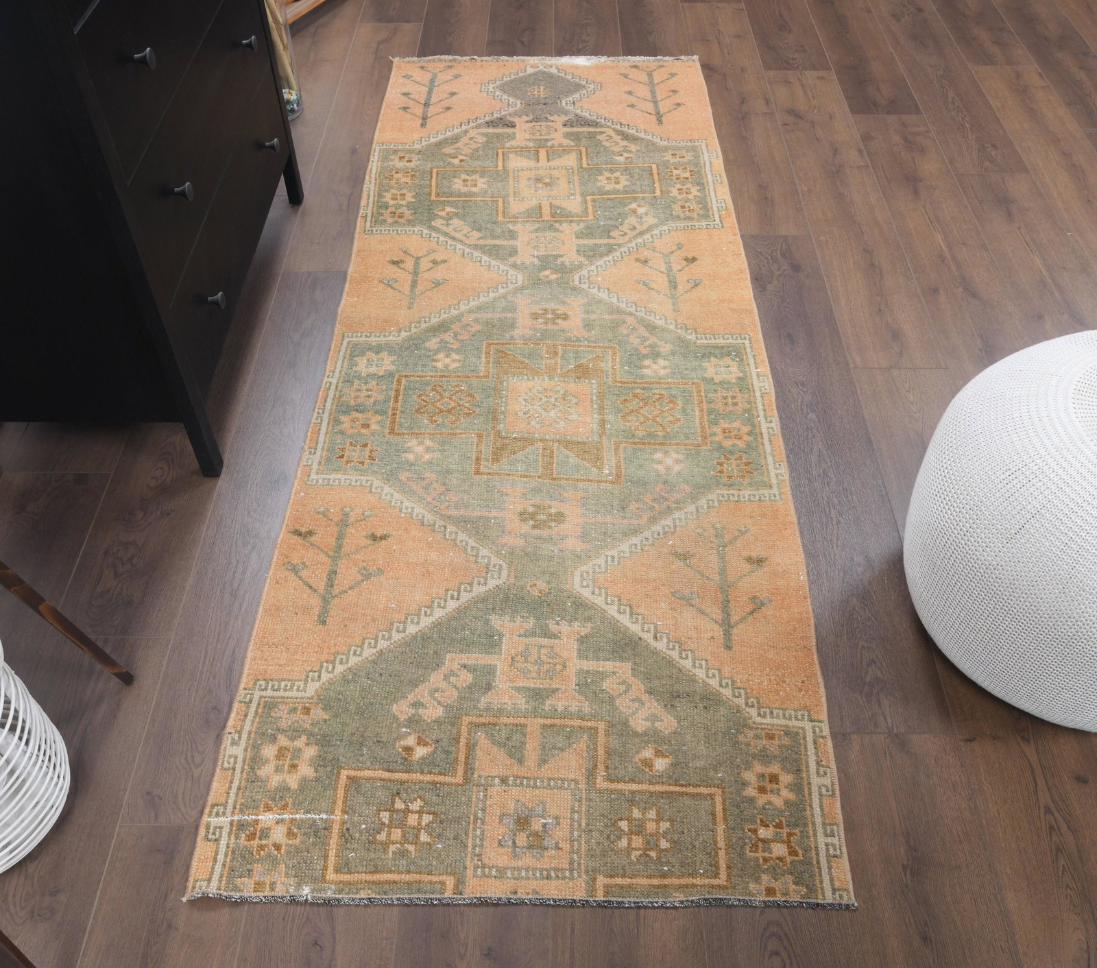 3x7 Turkish Antique Oushak Runner, Handmade Wool Rug,: This Turkish one-of-a-kind vintage small rug is hand-knotted and handwoven by the most skilled artisans who use pure wool, in muted, natural tones, and stylish, geometric design in Orange Color. It is