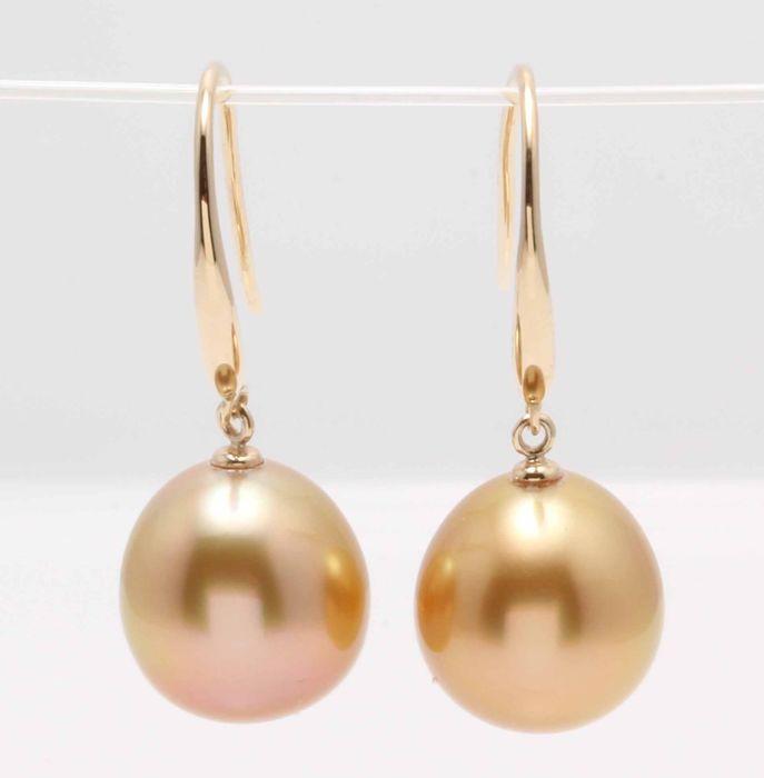 14 kt. Yellow Gold - 10x11mm Deep Golden South Sea: Title: 14 kt. Yellow Gold - 10x11mm Deep Golden South Sea Pearls - Earrings Description: Produced by the gold-lipped Pinctada Maxima Oyster in the warm waters off the coasts of Australia, these pearls