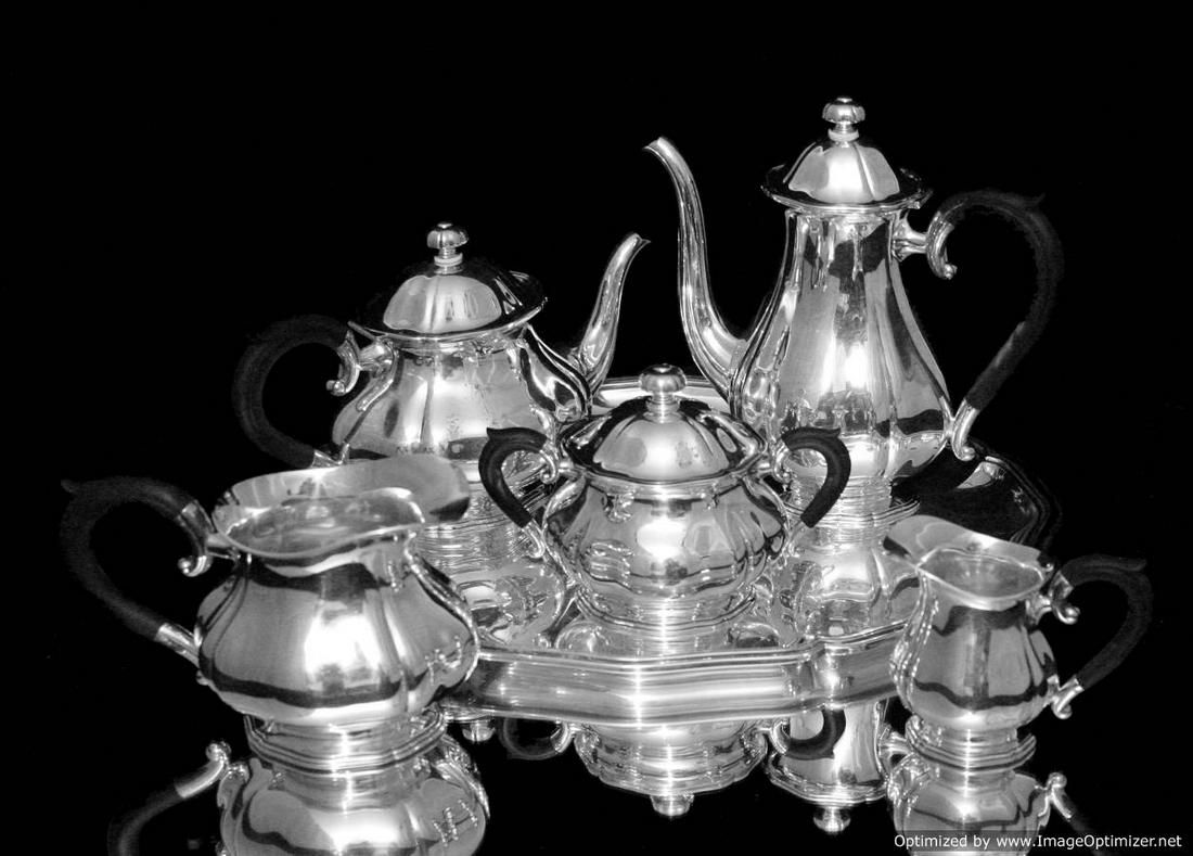 JEZLER 6pc. ANTIQUE SILVER TEA / COFFEE SET WITH SILVER: Title: JEZLER 6pc. ANTIQUE SILVER TEA / COFFEE SET WITH SILVER SERVING TRAY - MID 1800s Description: