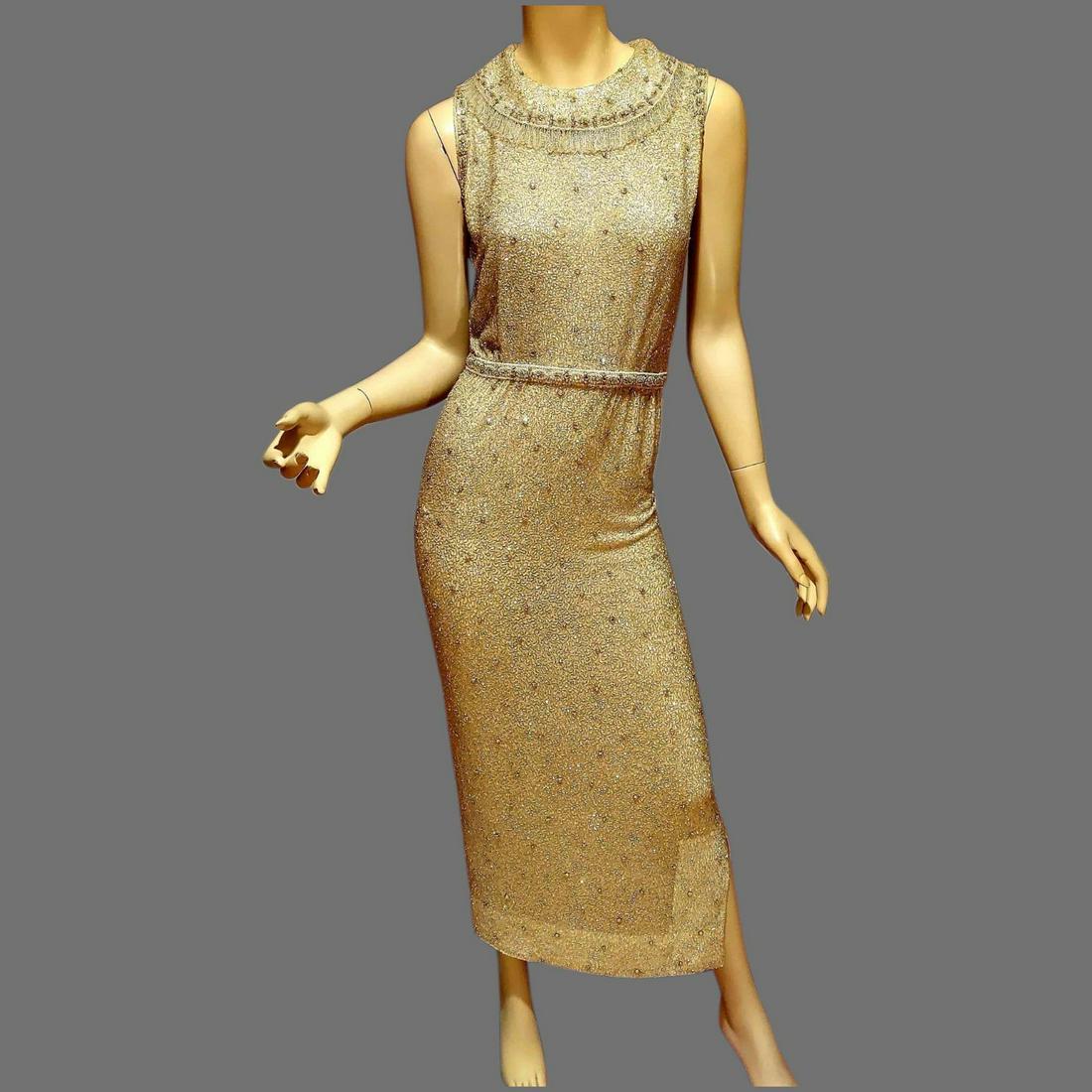 Vtg 1950's Couture Mollie Parnis Saks 5th Avenue: I have yet to see the likes of this maxi dress. No Pictures can do it justice . It is magnificent in every level , truly a work of Wearable Art. Tiny Crystal glass bugle beads all hand beaded every in