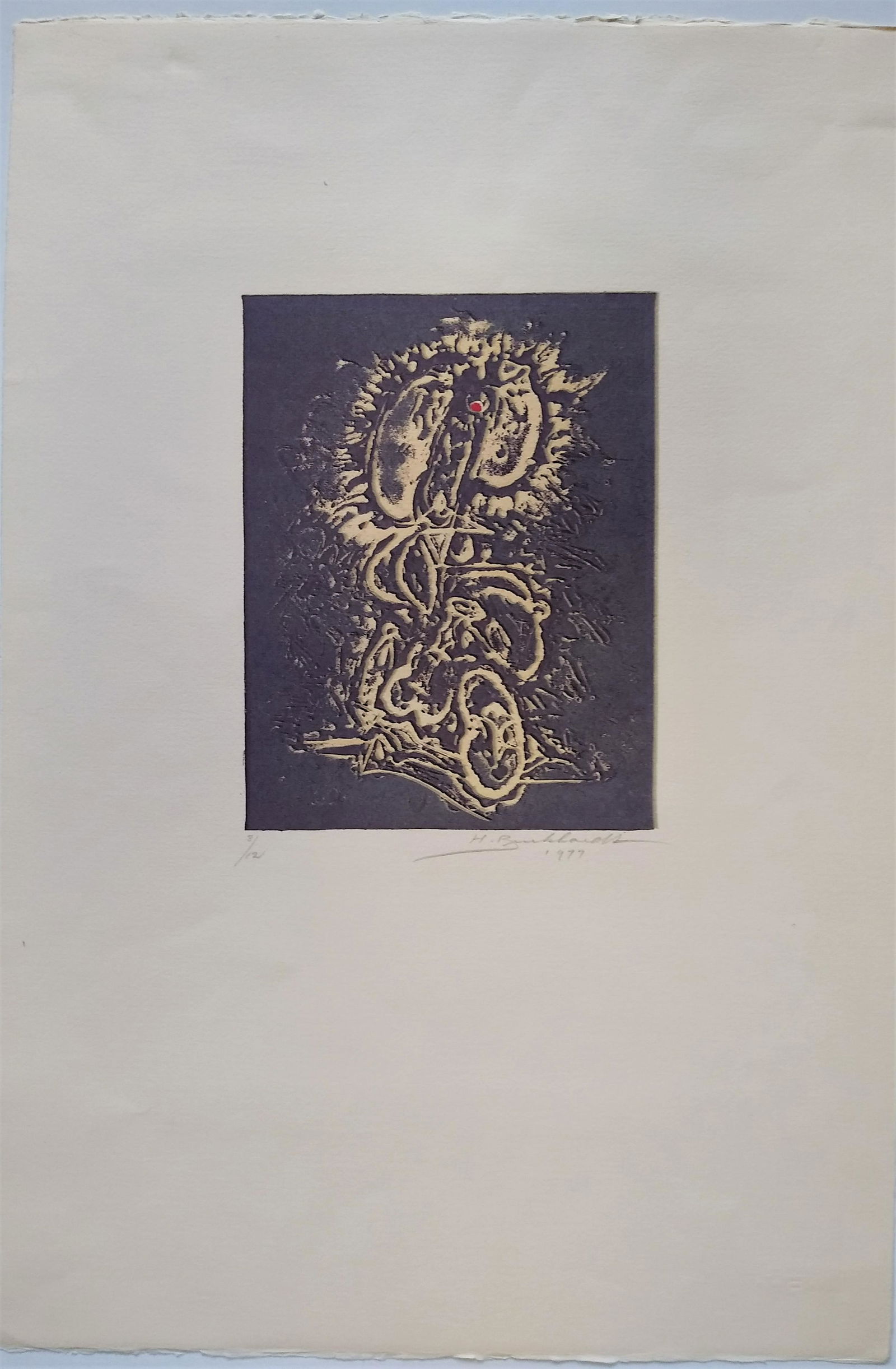 Hans Burkhardt - Untitled: Title: Untitled Artist: Hans Burkhardt Description: Color intaglio print signed and numbered in pencil from the very small edition of 12. Image size 9" x 7" with full margins on arches paper Date/Peri