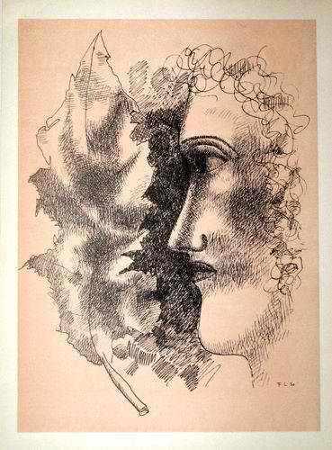 Fernand Leger/Derain (after) - Head and Leaf: Title: Head and Leaf Artist: Fernand Leger/Derain (after) Description: Lithograph from Verve 5/6, initialed on the plate. On the verso Andre Derain â€œPortrait” Materials: paper Dimensions:1