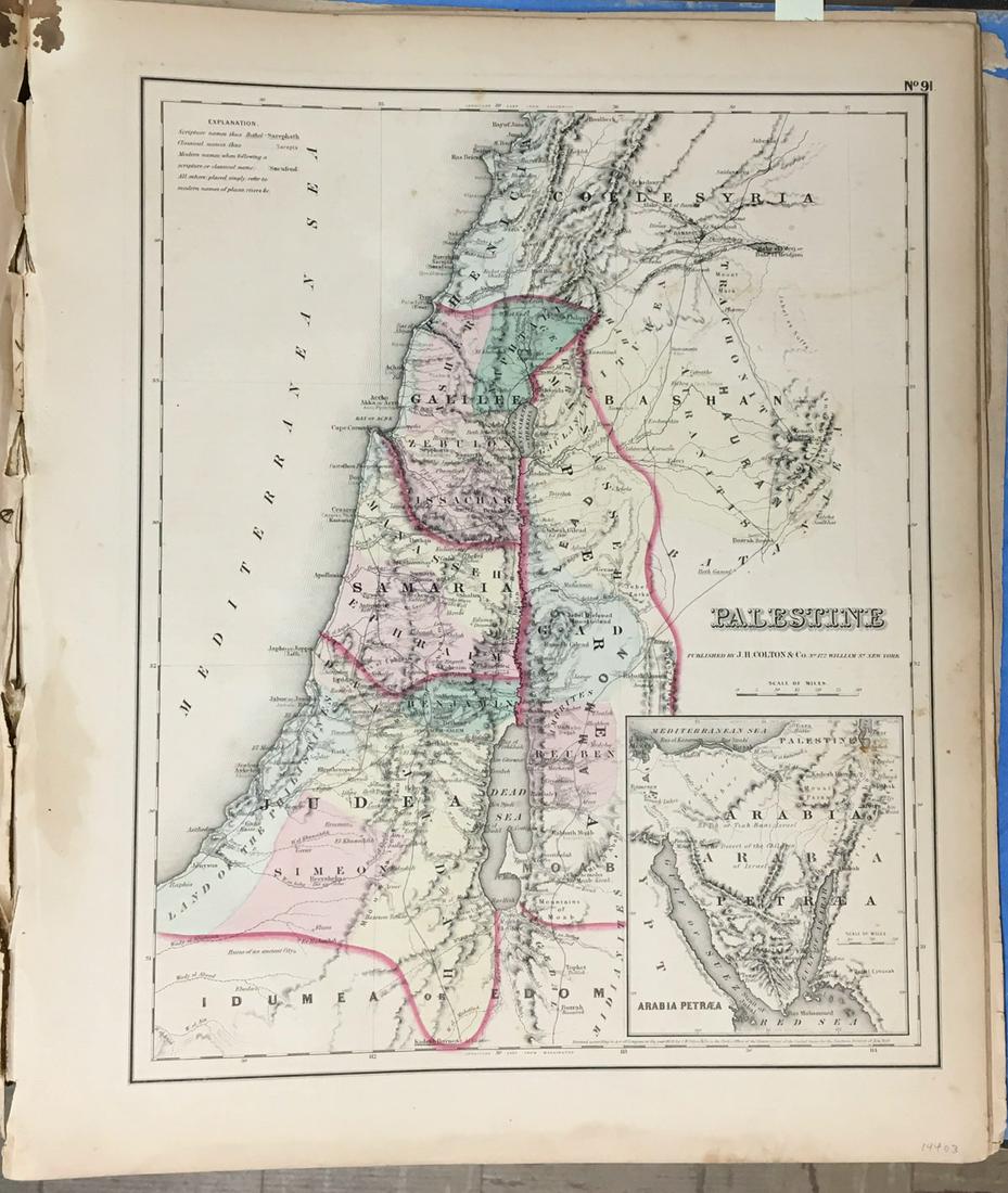 Palestine: Title: Palestine Catographer: COLTON, JOSEPH HUTCHINS Publisher:J.H. COLTON & CO. Dimensions: 14.6 x 11.8 Additional Information:Inset of Arabia Petraea. Bottom margin stained. Reserve: $70.00 Shippin