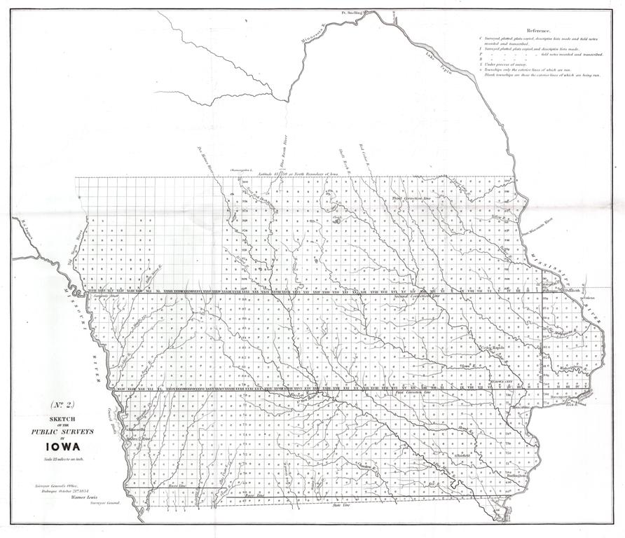 (No.2.) Sketch of the Public Surveys in Iowa: Title: (No.2.) Sketch of the Public Surveys in Iowa Catographer: LEWIS, WARNER Publisher:SURVEYOR GENERAL'S OFFICE Dimensions: 17.5 x 20.75 Additional Information:Shows all rivers. (33th Cong., 2d ses