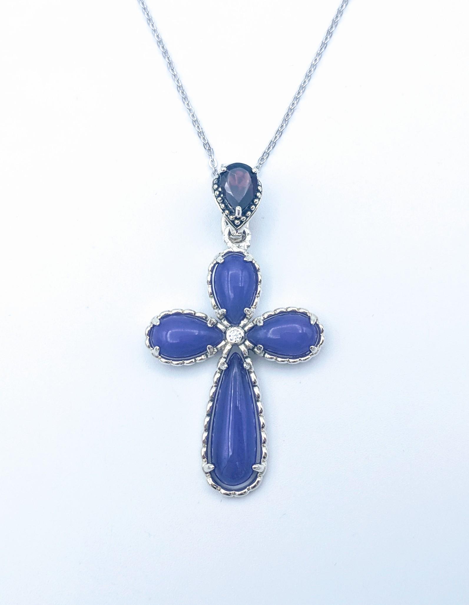 Sterling Silver Necklace & Violet Jade Cross Pendant w (1 of 3)