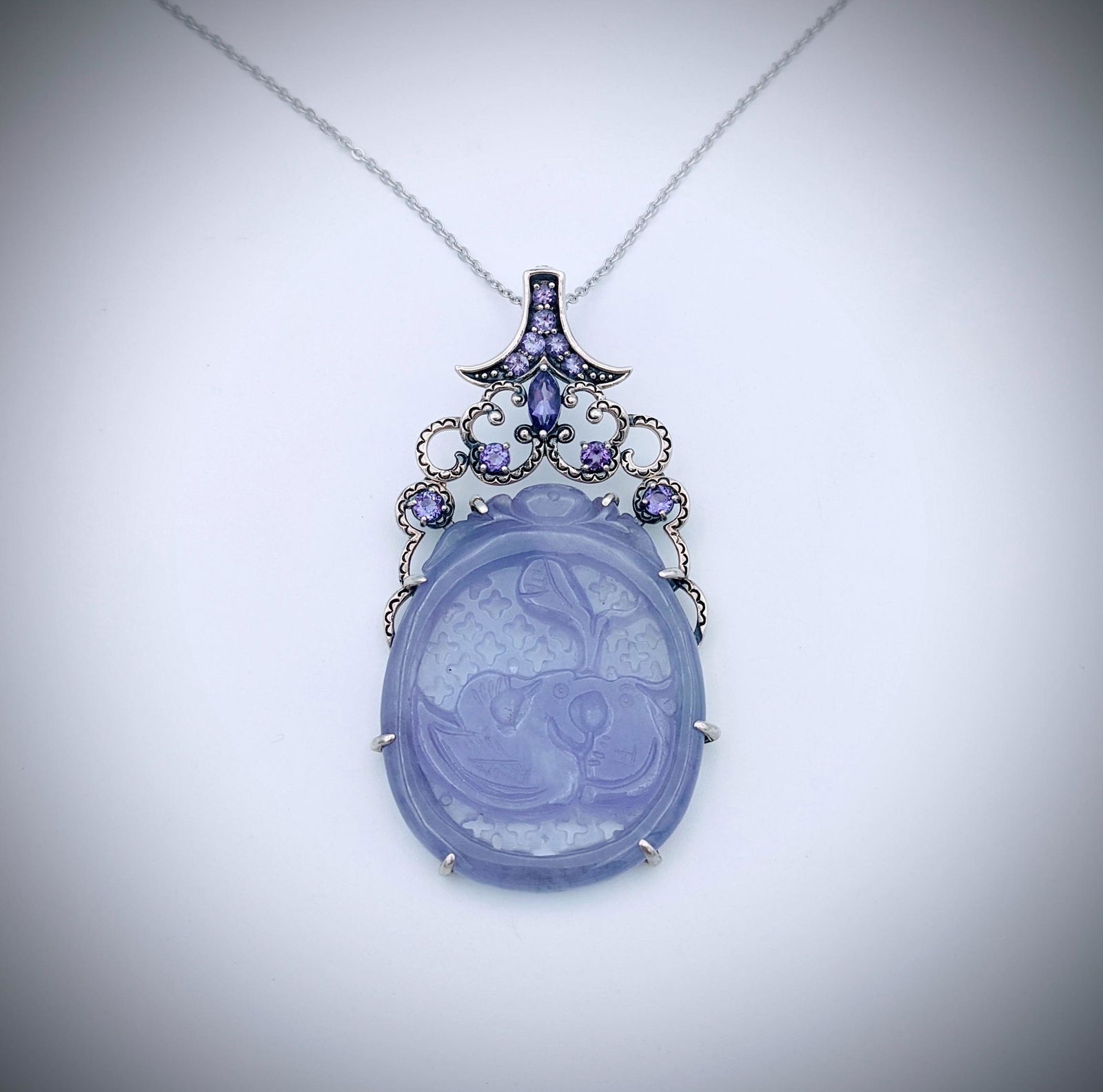 Sterling Silver Necklace w Engraved Violet Jade & (1 of 3)