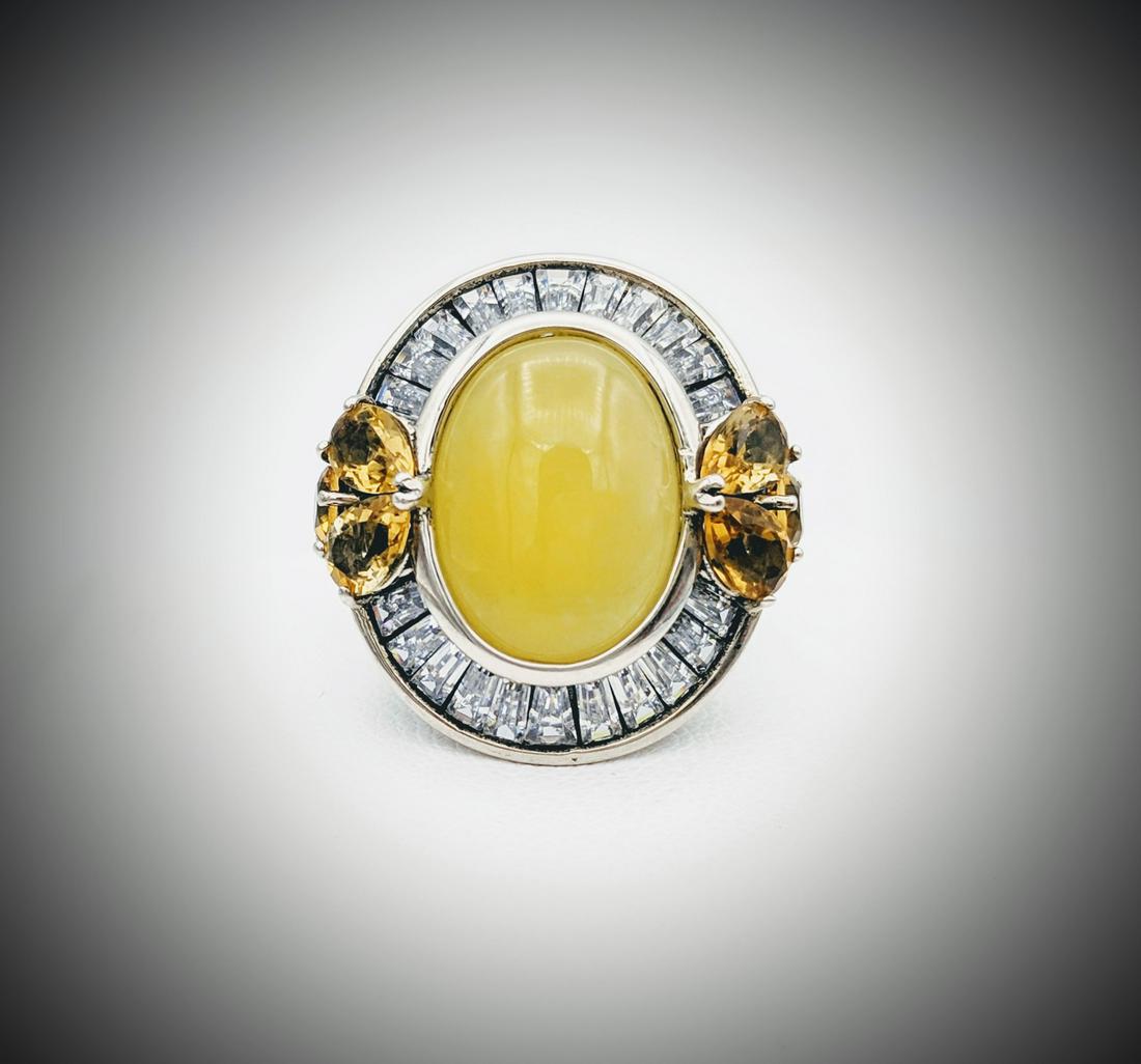 Sterling Silver Sz 7 Yellow Jade Ring w Citrine & CZ (1 of 4)