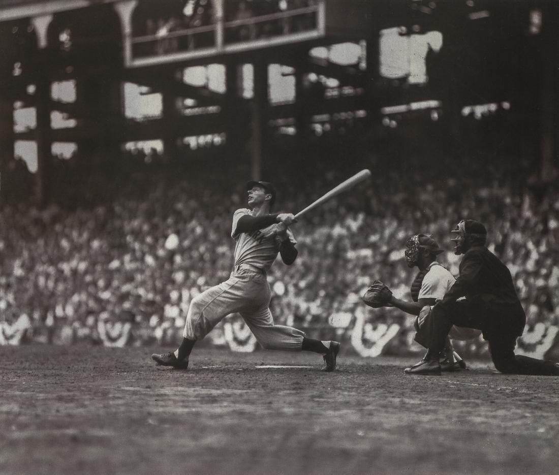 HY PESKIN - Joe DiMaggio, 1949: Artist: Hy Peskin Title: Joe DiMaggio, 1949 Medium: Photo Litho, 1995, USA Dimension:8.9x7.65" Description: Heat Wax Mounted on 11x14" Conservation Board Reserve: $40.00 Shipping: Domestic: Flat-rate