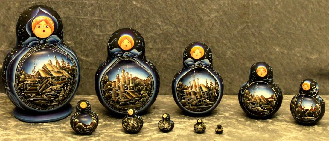 Matreshka, nesting doll: Dimensions; 0.0 × 9.0 × 14.0 cm Matreshka, Russian hand-made and hand-painted nesting doll, Stecking doll.; 10 pieces with different landscapes. Reserve: $240.00 Shipping: Domestic: Flat-rat