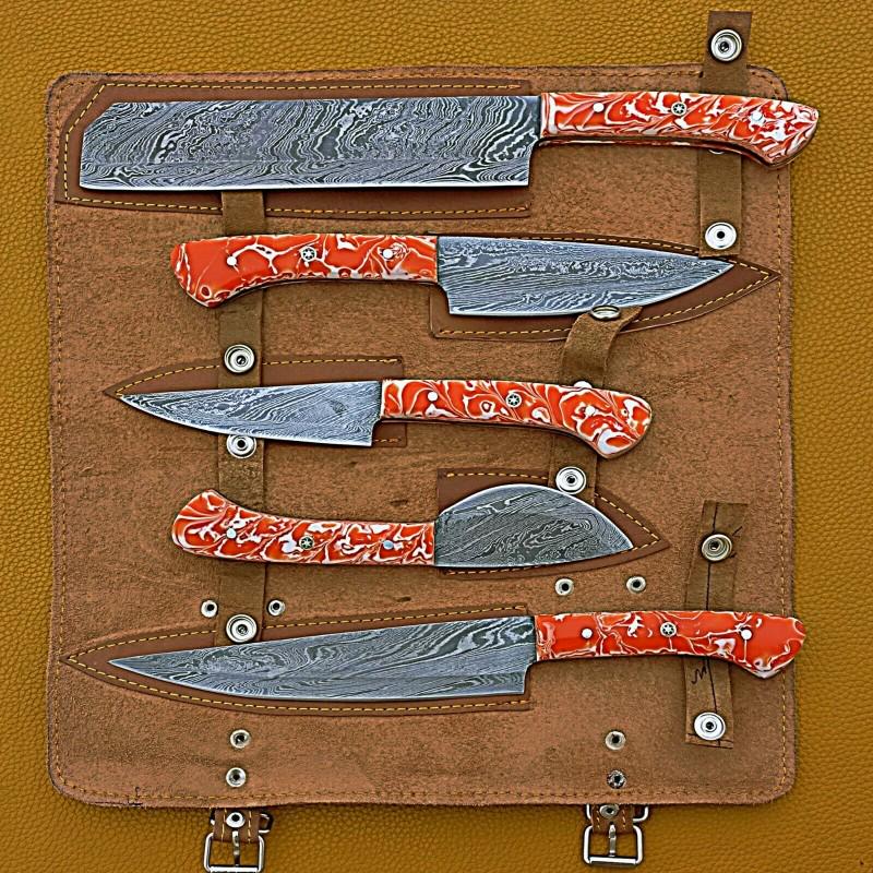 Set of 5 everday damascus knives chef kitchen resin (1 of 4)
