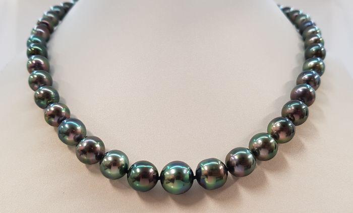 8x11mm Shimmering Peacock Tahitian pearls - 925 Silver: Title: 8x11mm Shimmering Peacock Tahitian pearls - 925 Silver - Necklace Description: A nice pearl necklace, made with near round Tahitian pearls, and completed with a an elegant clasp in solid silver