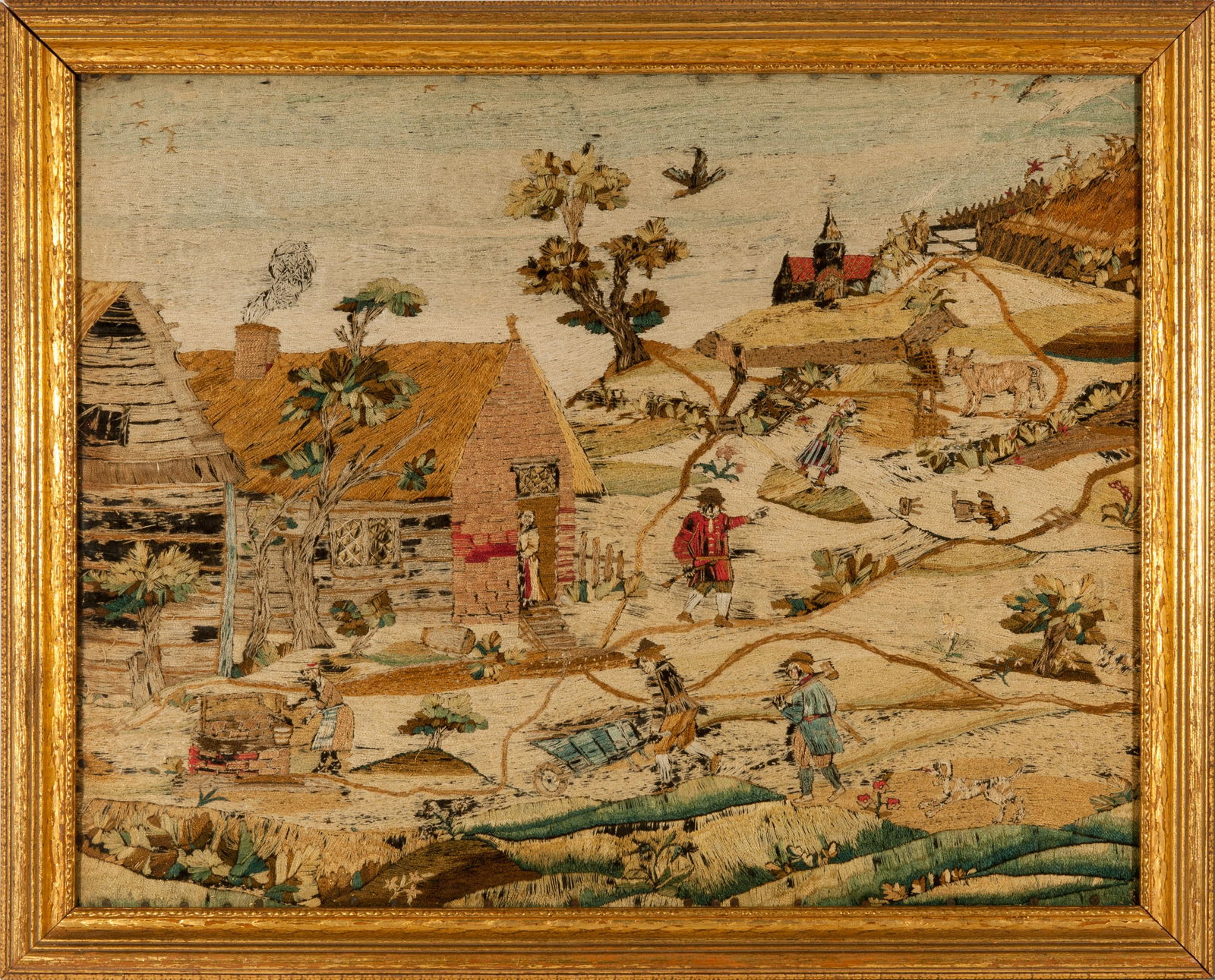 Canvaswork needlework farm scene picture sampler c.: Title: Canvaswork needlework farm scene picture sampler c. 1770 Provenance/Additional Info: This rare 18th century overall needlework picture depicts an industrious farm scene within a background of r
