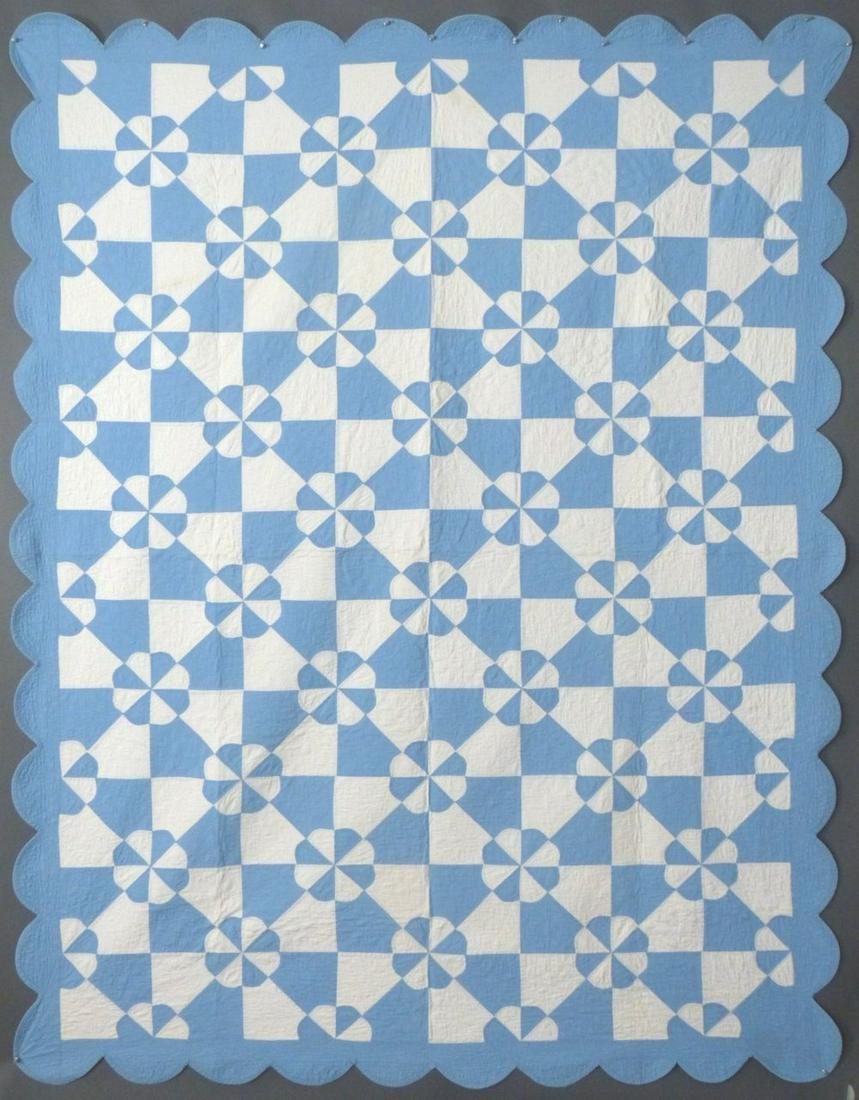 ANTIQUE, SKY BLUE, "DUTCH WINDMILLS" QUILT, c.1920 (1 of 8)