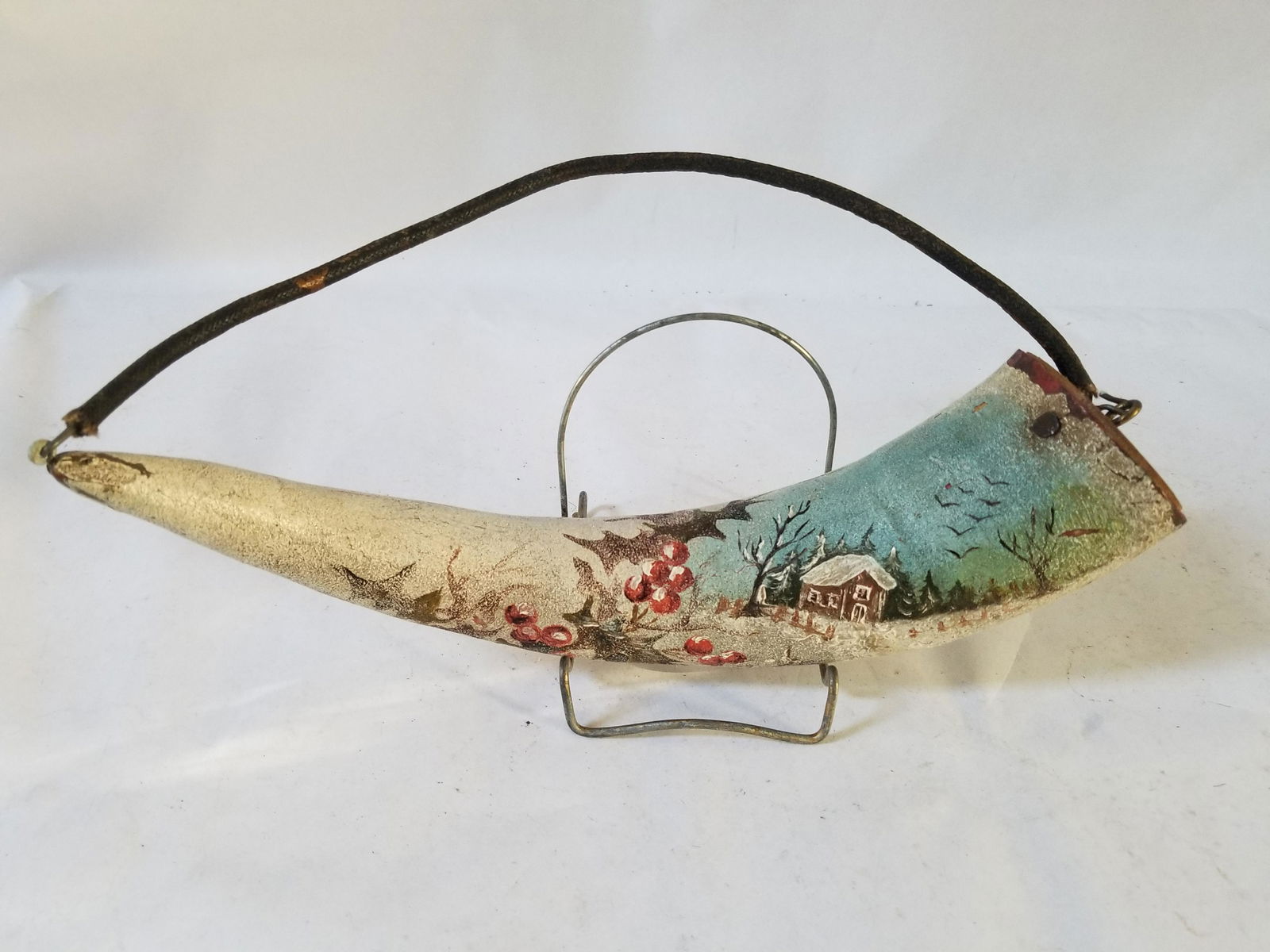 Powder horn from 1800s, painted with a Christmas scene (1 of 3)