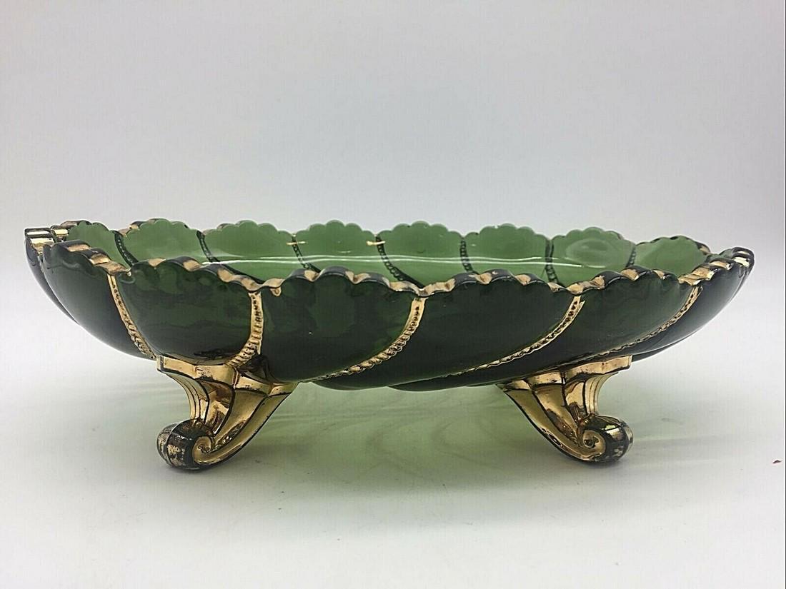 ANTIQUE 1890'S OVAL EMERALD & GOLD FOOTED DISH: Title: ANTIQUE 1890'S OVAL EMERALD & GOLD FOOTED DISH Date/Period: 1890-1898 Dimension: APPROX 9" LONG Materials: GLASS Additional Information: GEORGE DUNCAN EAPG OVAL PICKLE CELERY RELISH DISH EMERAL