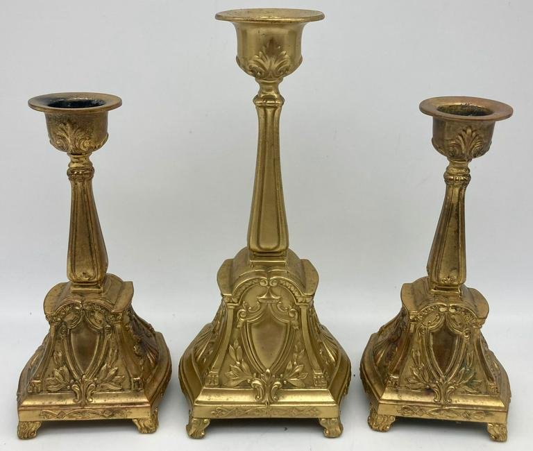 Three 1920 Art Noveau Brass Candlesticks Jennings Bros (1 of 8)