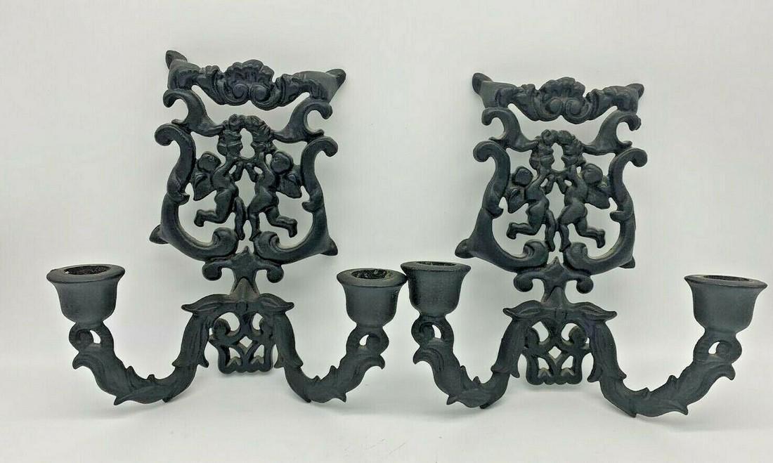 2 VINTAGE CHERUB CAST IRON WALL SCONCE CANDLE HOLDERS (1 of 6)