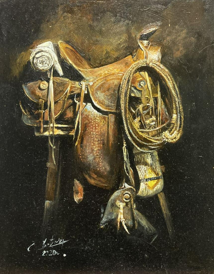 Zbigniew Corte Zajac - Saddle: Artist/Title:Zbigniew Corte Zajac - Saddle Medium: oil on board Dimensions: 25x19.7 cm Additional Information: Cortez, a Polish painter from Katowice, born in 1963. Cortez is an artistic nickname with