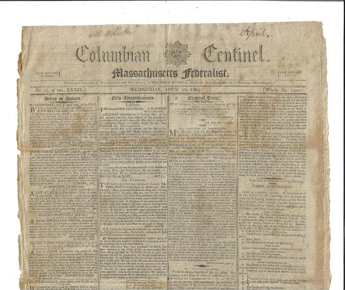 1803 Boston Federalist Newspaper (1 of 2)