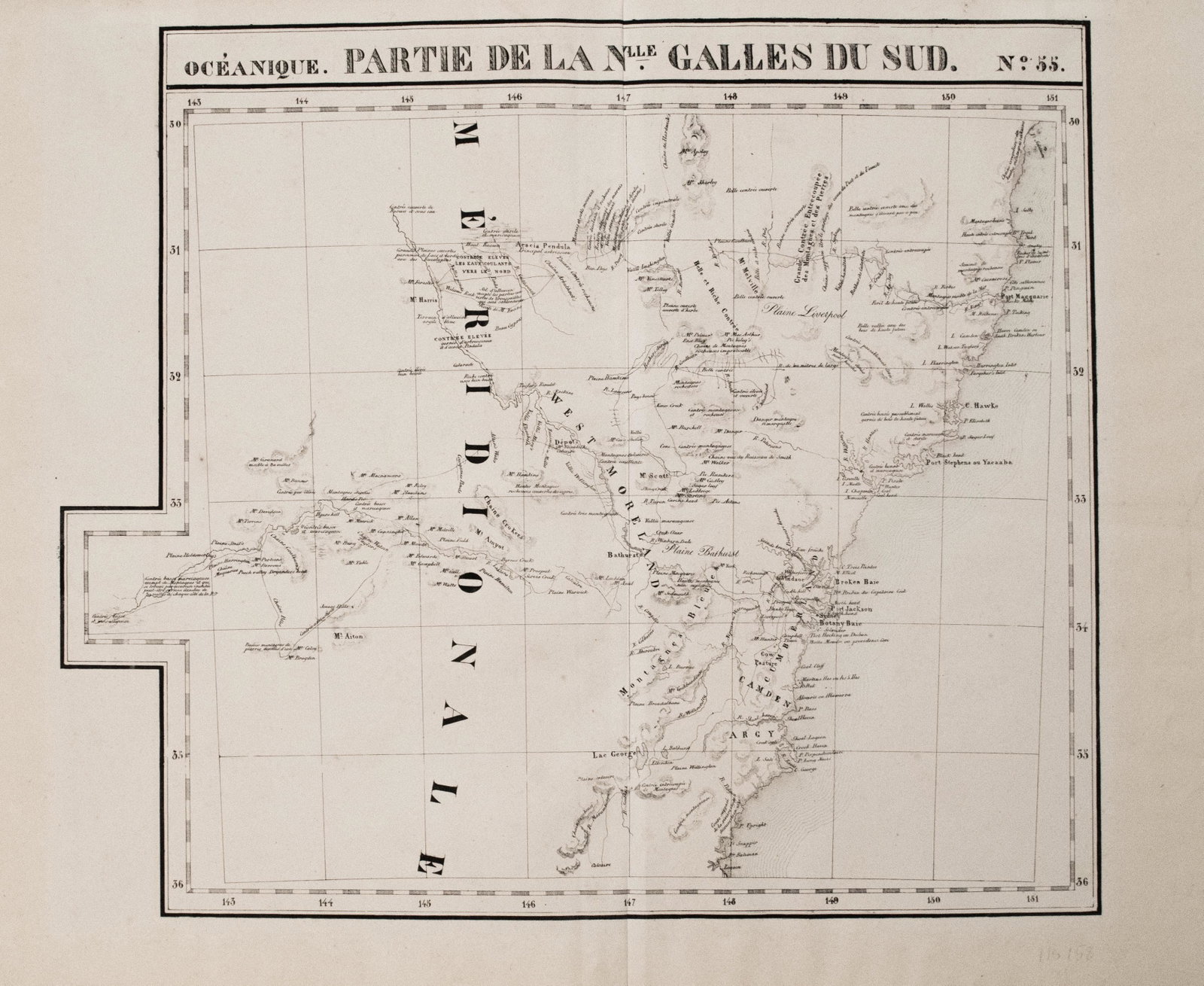 1825 vanderMaelen Map of Southeast Australia --: Title: 1825 vanderMaelen Map of Southeast Australia -- Oceanique. Partie de la Nlle. Galles du Sud. No. 55. Cartographer: P VanderMaelen Year / Place: 1825, Brussels Map Dimension (in.): 18.4 X 21.3 i