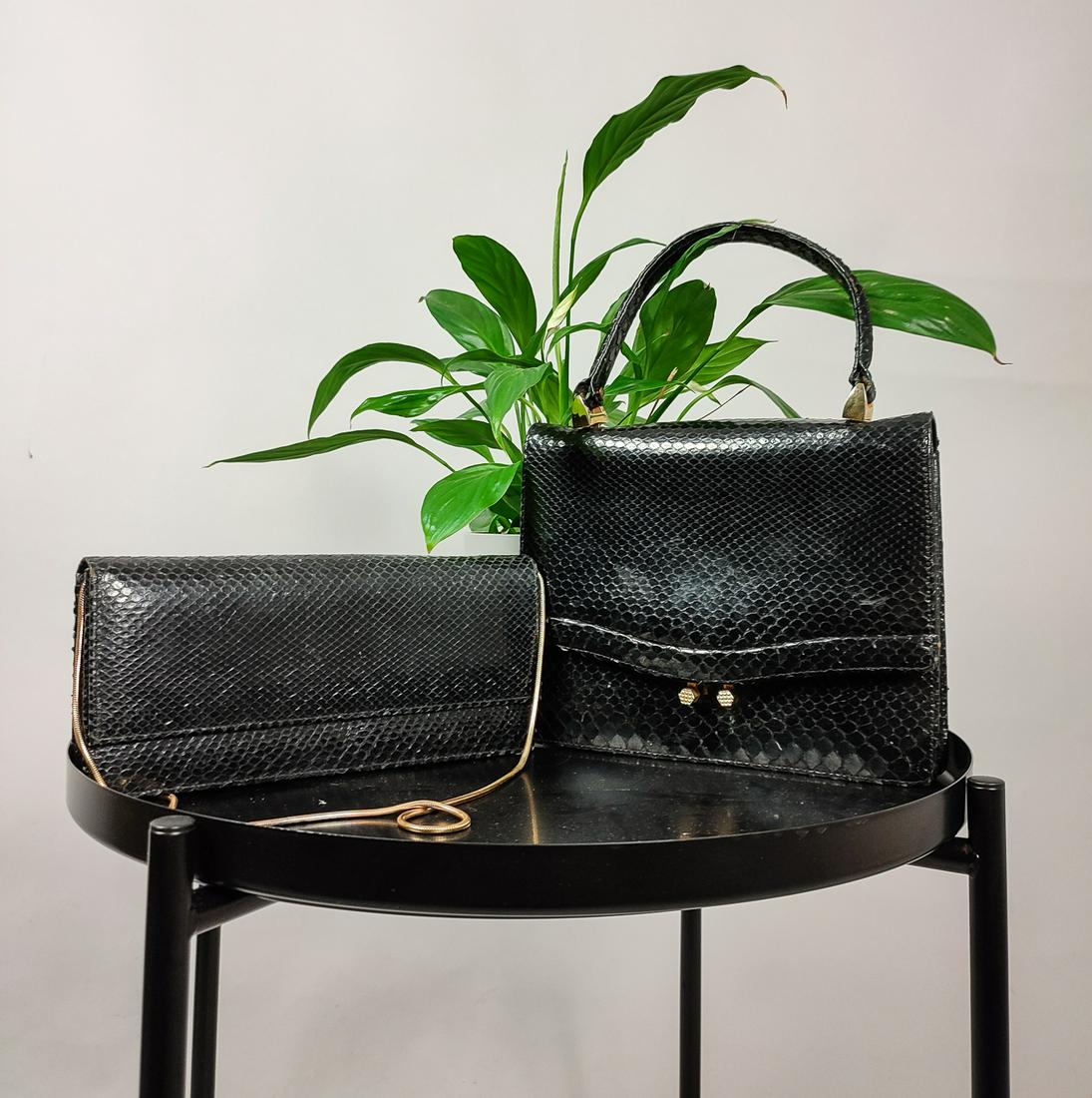 PAIR OF VINTAGE BLACK SNAKE SKIN BAGS (1 of 3)