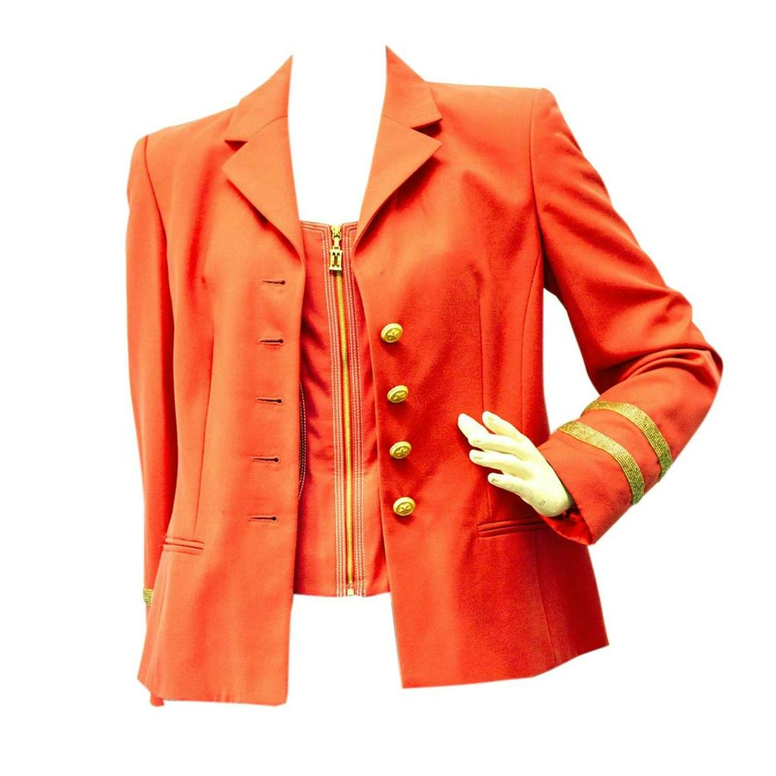 Vintage Escada Blazer and Bustier Set in Bright Orange: Vintage Escada Blazer and Bustier Set in Bright Orange almost Red - SZ36 / 34 A modern twist to the blazer and vest combo, this vintage set from Escada in flaming orange, will definetly make you stand