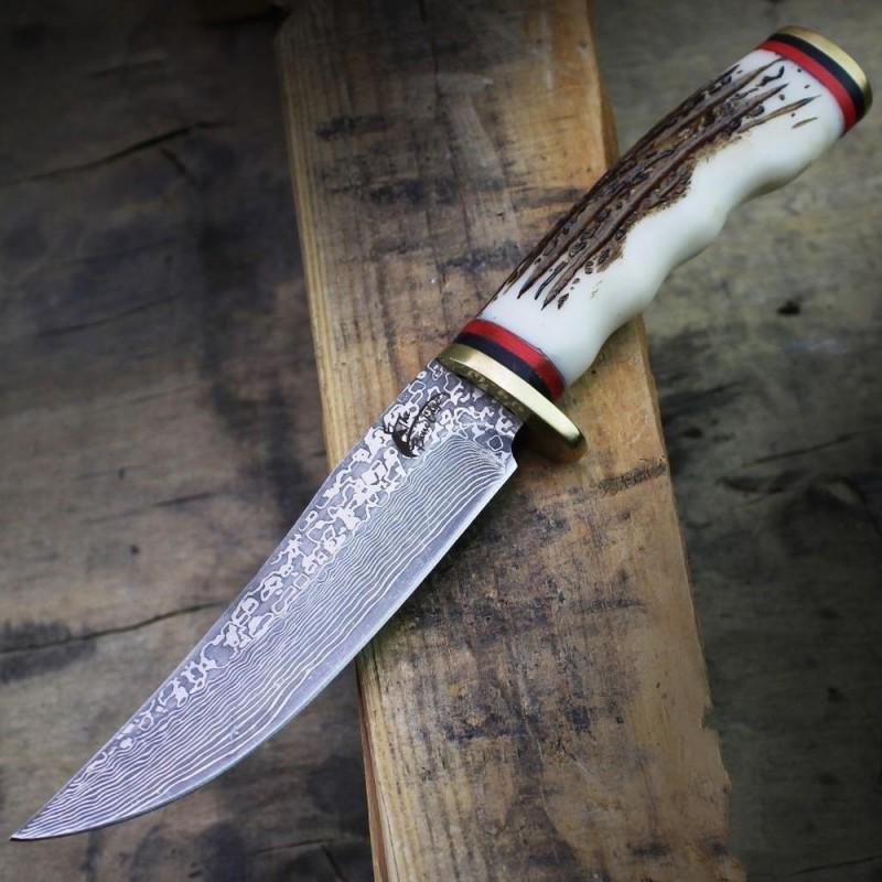 Butcher damascus steel knife boot leather faux stag: Knife "Beryl" Damascus knives are very durable, look great and keep sharpness perfectly. Damascus steel has high quality contents to give it an excellent edge and sharp cutting ability. The blade reta