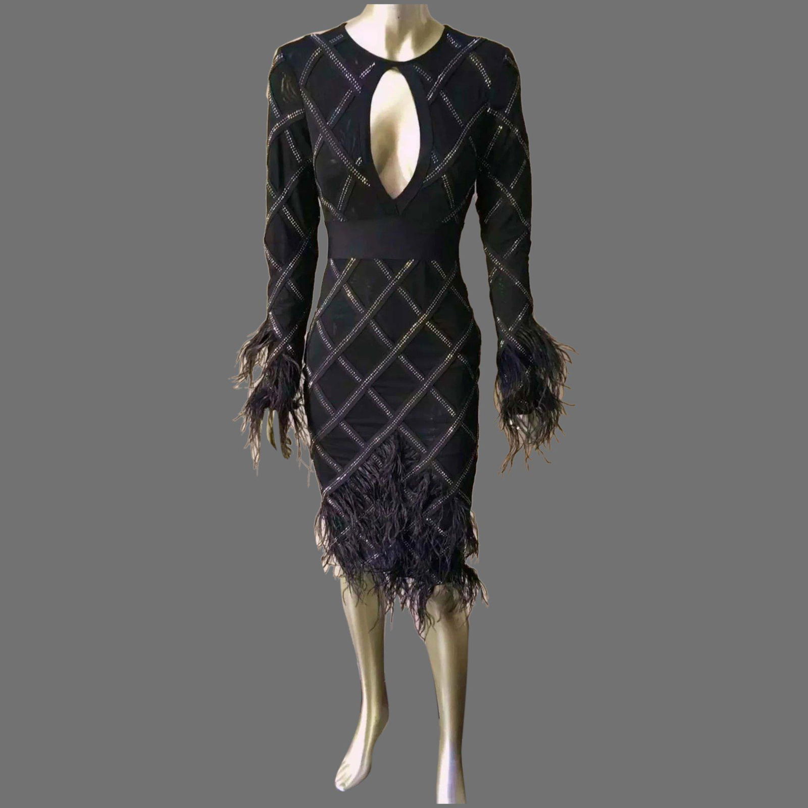 Vtg Embellished Ostrich Feather Body Con Dress Silver (1 of 7)