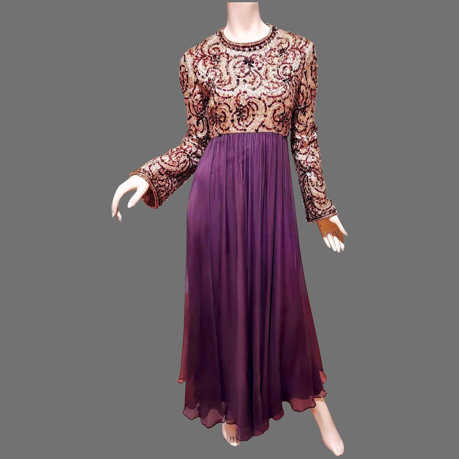Vtg 1950 Malcolm Starr Silk Chiffon brown gown Gold: Every Inch of the top Bodice of this dress is heavily Embellished with beads and stones on gold Brocade. The full gathered maxi skirt is a Brown Coco silk chiffon with an underlayer. Metal Zipper In v