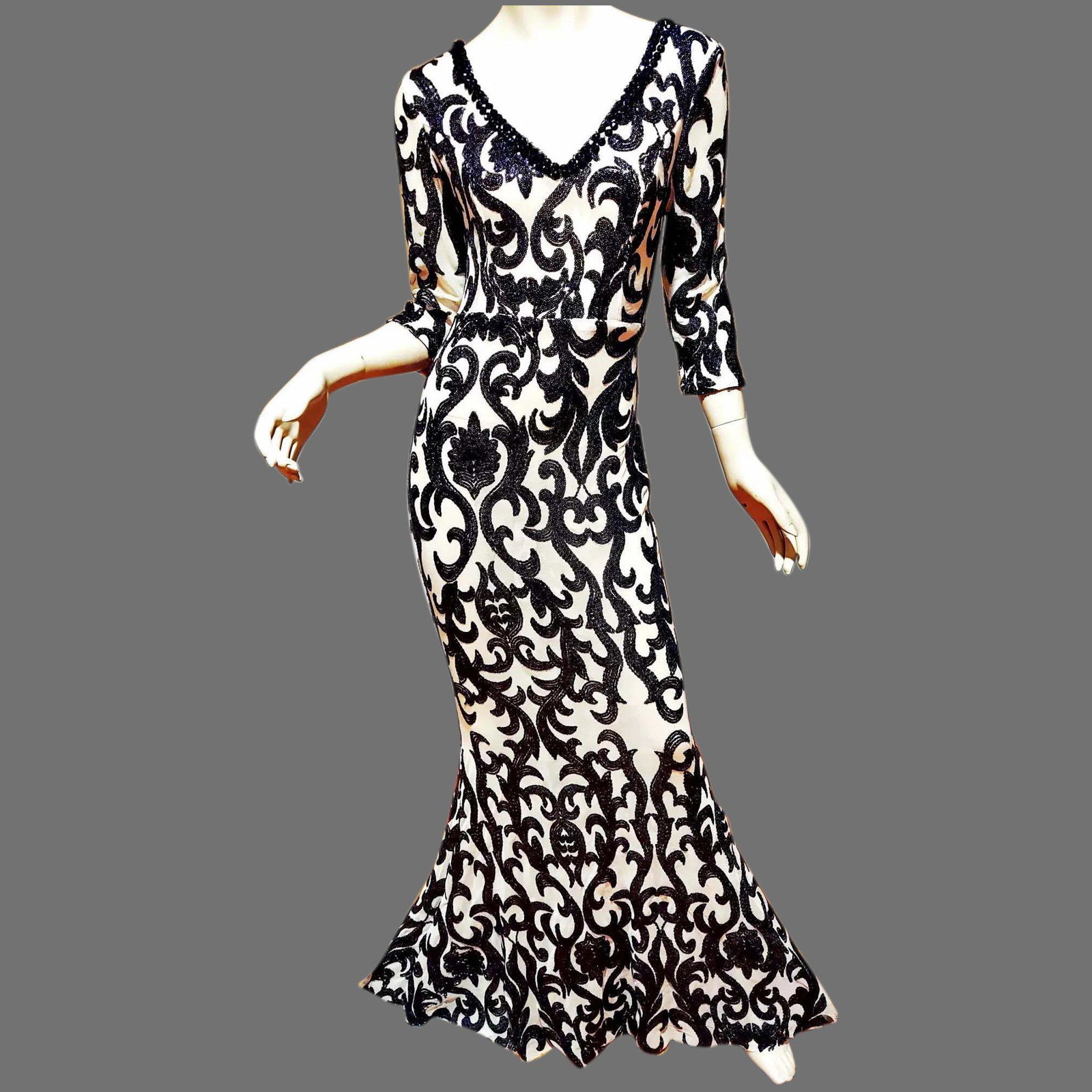 Demi Couture Layering Sequined Old Hollywood Look Gown: I have had some beautiful Gowns but this one tops them all. Amazing work of Tiny sequins in a leaf design also onyx beads. V front and back sheer panel. It is a Layering gown . Demi Couture. So the he