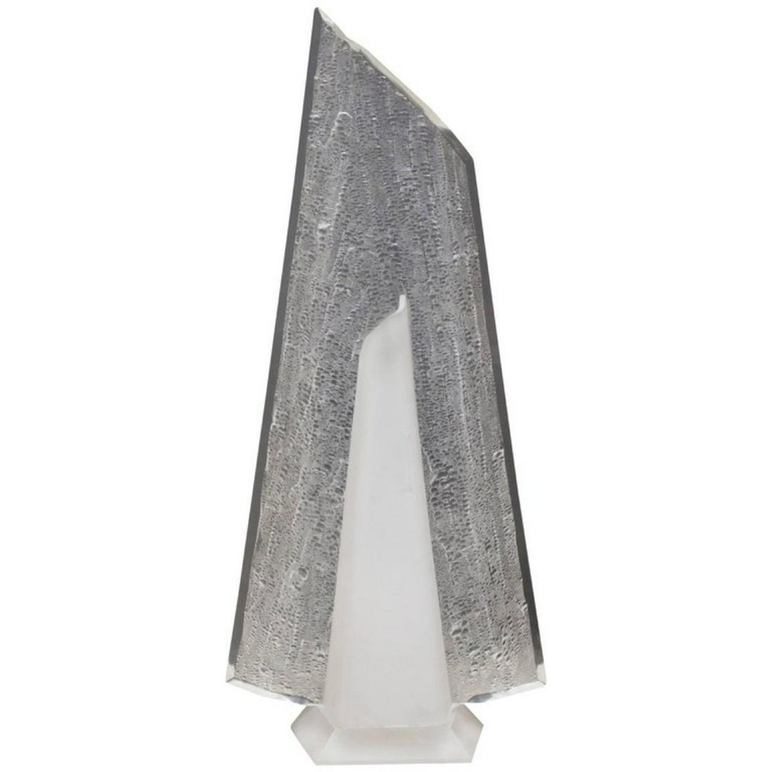 Asymmetrical Table Lamp by Rougier: Title: Asymmetrical Table Lamp by Rougier Description: Lucite table lamp by Rougier has an asymmetrically shaped top and hexagon base. Lamp is composed over a frosted Lucite and a clear Lucite which h