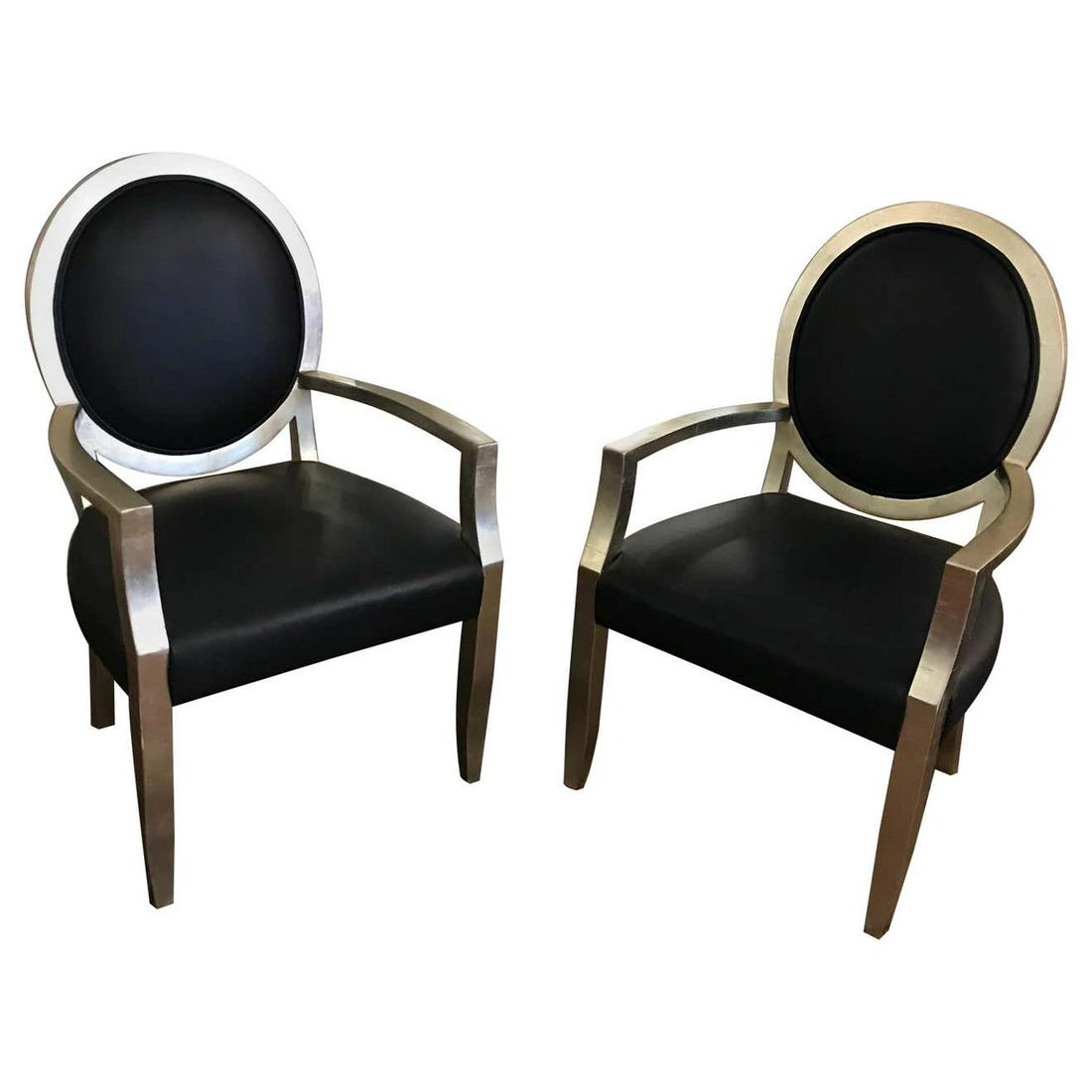 Pair of Silver Leaf Chairs Att. to John Hutton for: Title: Pair of Silver Leaf Chairs Att. to John Hutton for Donghia Description: Inspired by the Louis XVI style, these chairs' wood features a silver leaf finish and are recovered in dark blue leather.