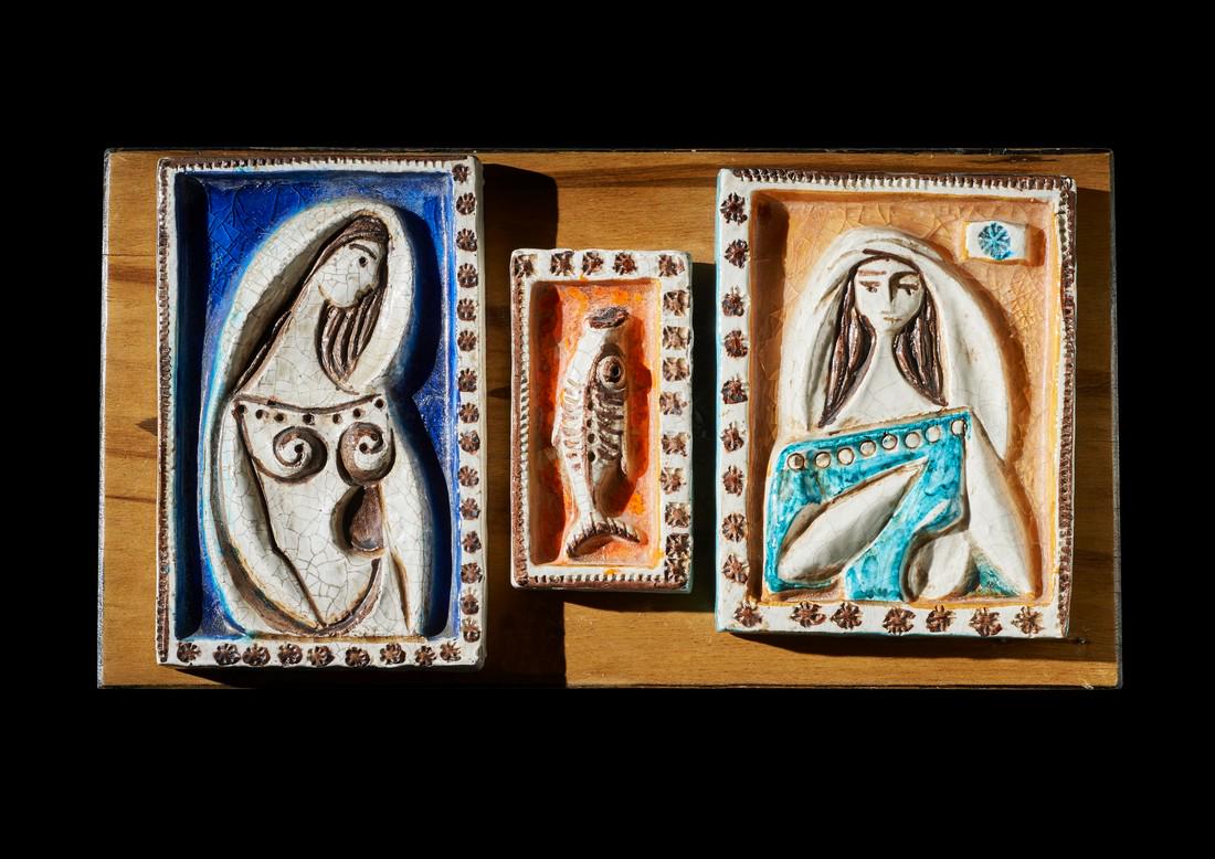 Three Italian pottery tiles decorated with female (1 of 1)