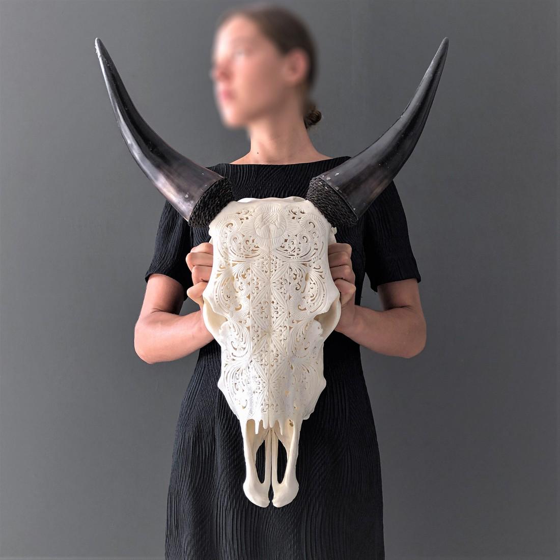 White carved cow skull - Ketimun lotus motif: Title: White carved cow skull - Ketimun lotus motif Maker: Design: Sooka Interior Origin: Indonesia Date/Period: 2021 Materials: Bone, Bos Taurus Dimensions:H: 65 cm / 25.5 inches W: 46 cm / 18.1 inch