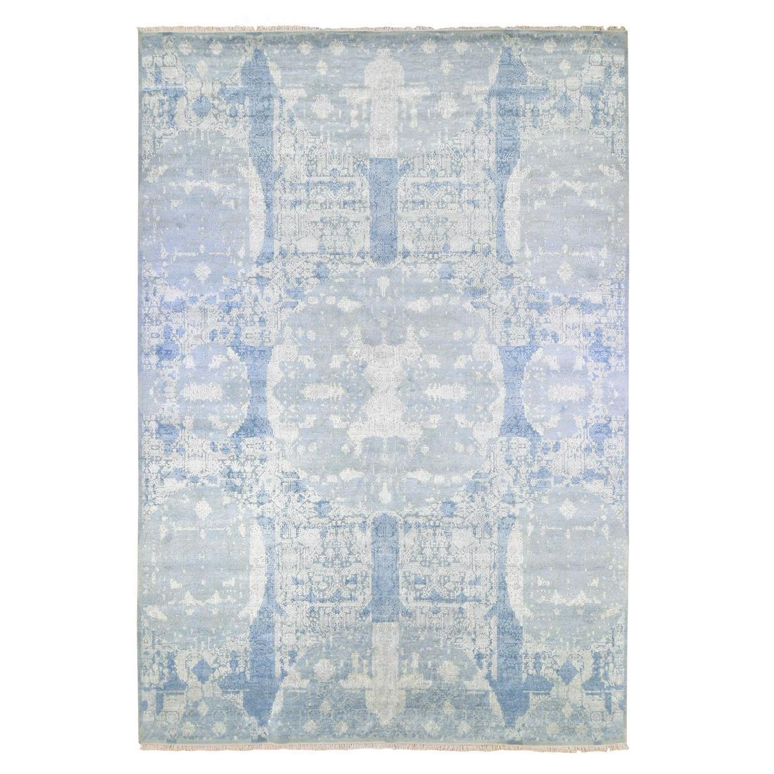 Blue Modern Hand Knotted Pure Silk with Wool Oriental: Title: Blue Modern Hand Knotted Pure Silk with Wool Oriental Rug year:2018 and above Country:INDIA Materials: Wool, Silk, Cotton Size/Format: Exact Size : 12'0" x 18'2" Description:This is a truly gen