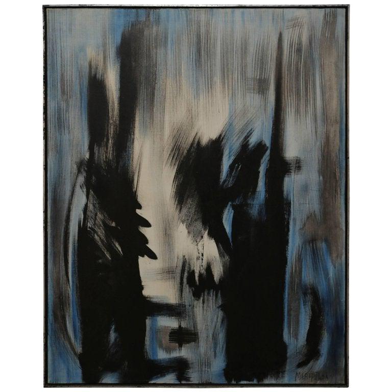 Oil on Board by Bert Miripolsky: Abstract painting from the estate of Bert Miripolsky, 1953. American artist Miripolsky studied painting at the Art Institute of Chicago in the early 1940s and has exhibited throughout the world since