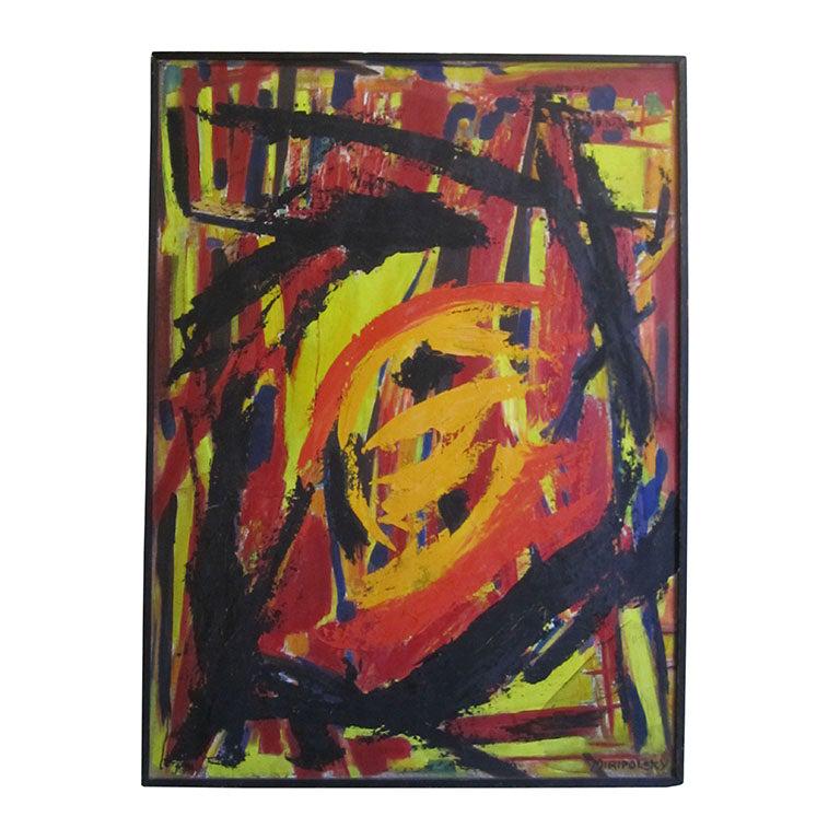 Abstract Expressionist by Bert Miripolsky: This abstract expressionist painting by American artist Bert Miripolsky features large, vibrant, expressive brush strokes in red, yellow, blue and black. American artist Miripolsky studied at the Chic