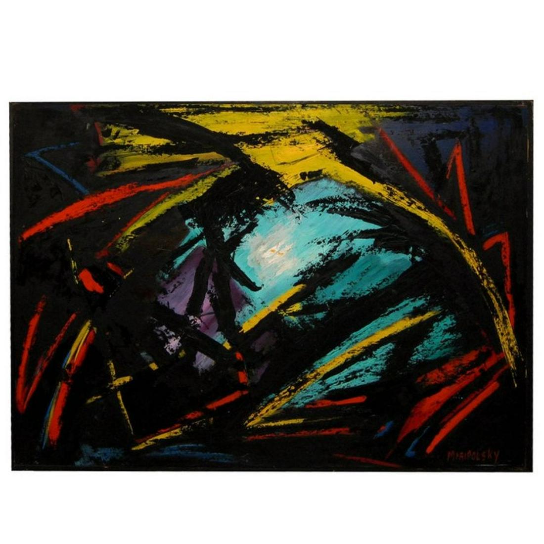 "Hope" Abstract Oil Painting on Canvas by Bert: Multicolored midcentury abstract painting from the estate of Bert Miripolsky. American artist Miripolsky studied painting at the Chicago Art Institute in the early 1940s and has exhibited throughout t