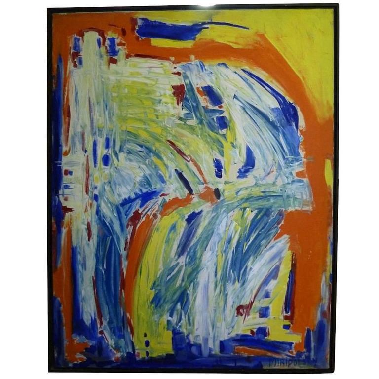 "in Motion"Abstract Painting by Bert Miripolsky: In motion Colorful abstract painting from the estate of Bert Miripolsky, 1953. American artist Miripolsky studied painting at the Art Institute of Chicago in the early 1940s and has exhibited througho
