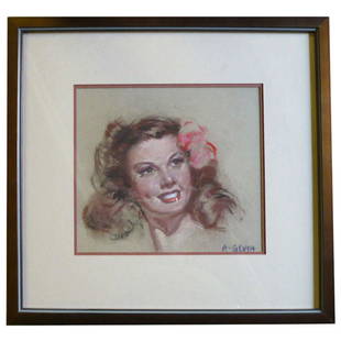 French Portrait of a Young Woman by Albert Genta: Beautiful work of art created with pastels on paper from the 1940's and signed A. Genta at lower right corner. An articulate execution of a young woman's face capturing the essence of light. The work