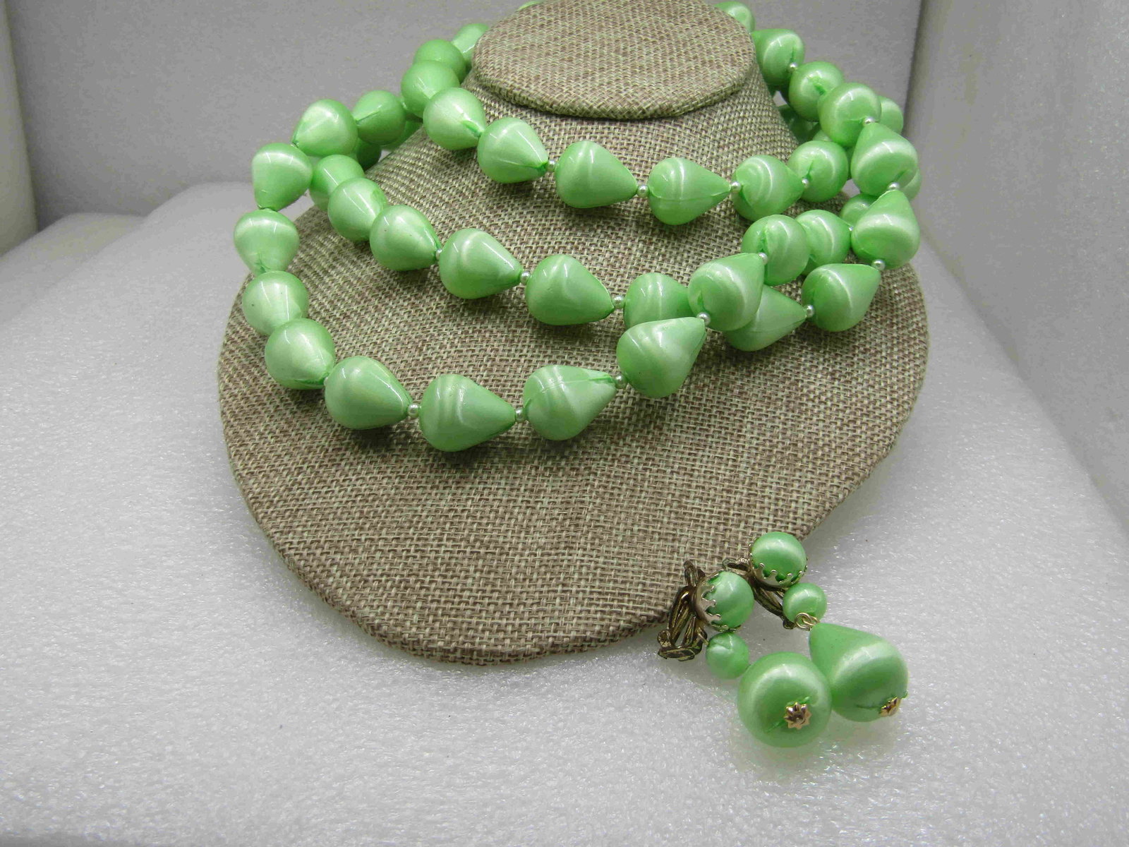 Vintage Mint Green Beaded Necklace & Clip Earrings Set, (1 of 6)