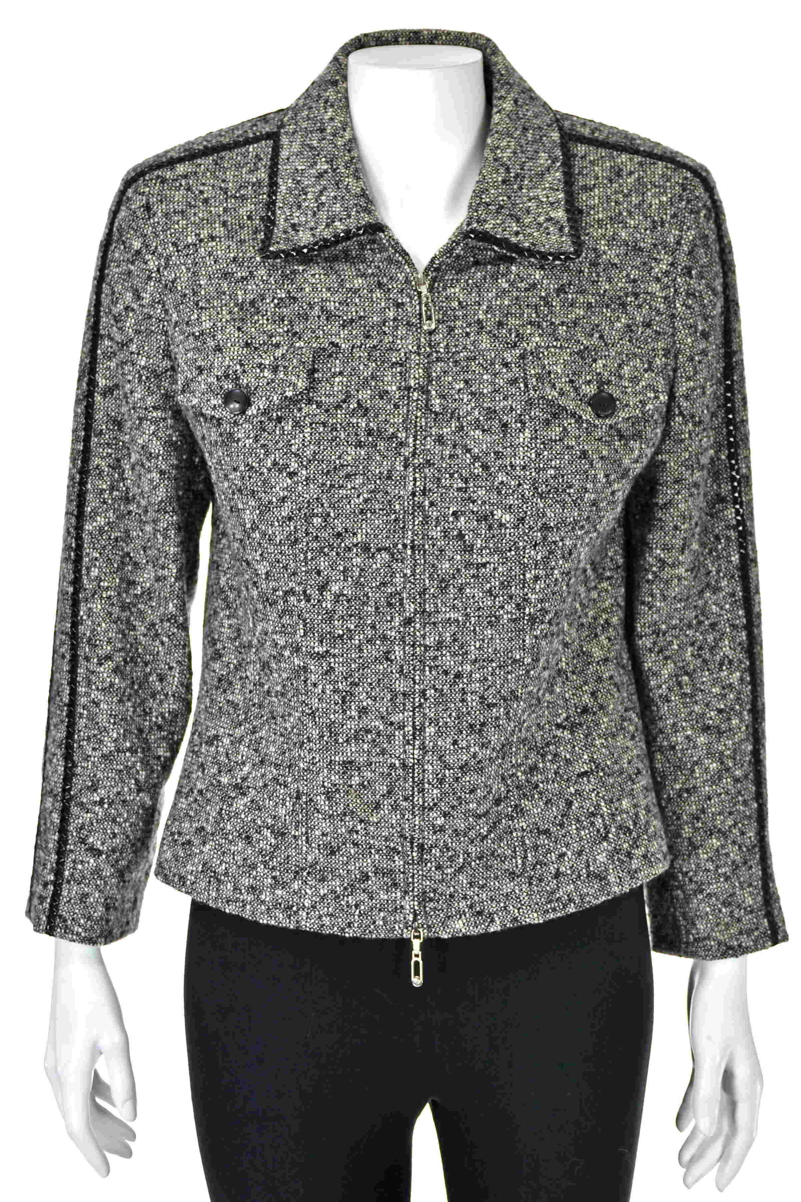 ESCADA Black & White Tweed Jacket w/ Patent Trim: Black and white tweed jacket from Escada is trimmed in black patent on the shoulders, sleeves and collar. The soft wool and cashmere blend fabric is from Piacenza, an Italian fabric mill that is renow