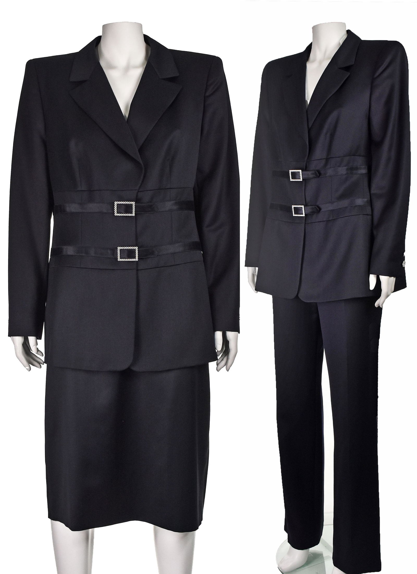 ESCADA 4-Pc Evening Tuxedo w Jacket, Pants, Short and: This four-piece tuxedo ensemble from Escada is truly an amazing find! It comprises a black wool jacket, knee-length skirt, full-length skirt, and cigarette pants. The jacket has lightly padded shoulde