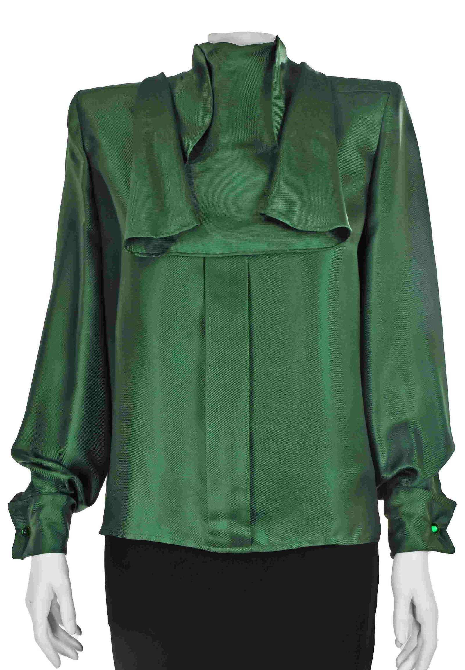 VALENTINO Vintage Green Silk French Cuff Blouse w: This skirt from Escada is a navy blue and white windowpane check. The dark navy color could possibly pass as black if worn with a black jacket (we are showing it here with a black and white tweed jack