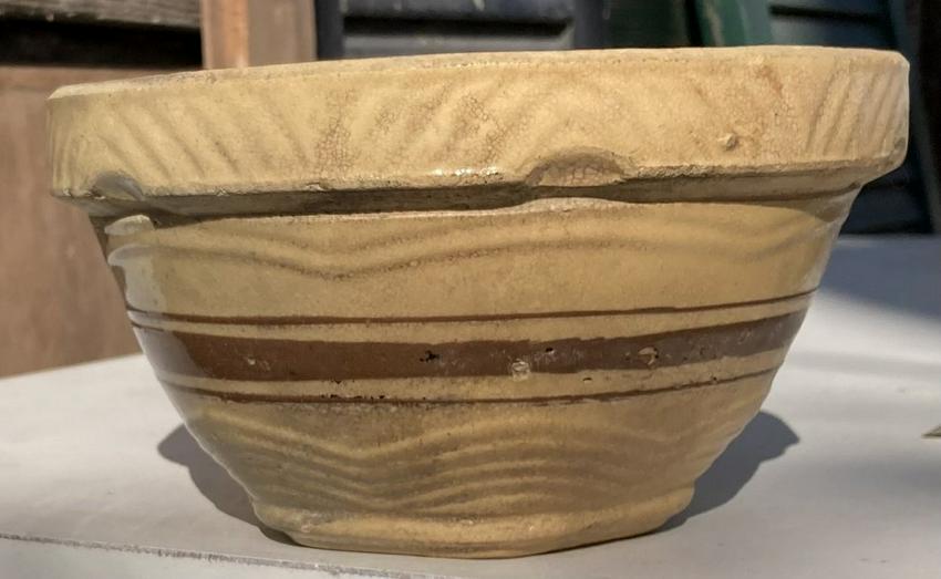 Antique Stoneware Banded Bowl: Title: Antique Stoneware Banded Bowl Date/Period: Approx early to mid 1900's Dimension: Approx 7" diameter Materials: Stoneware Additional Information: 7" BANDED YELLOWARE BOWL WITH BROWN STRIPE Shipp