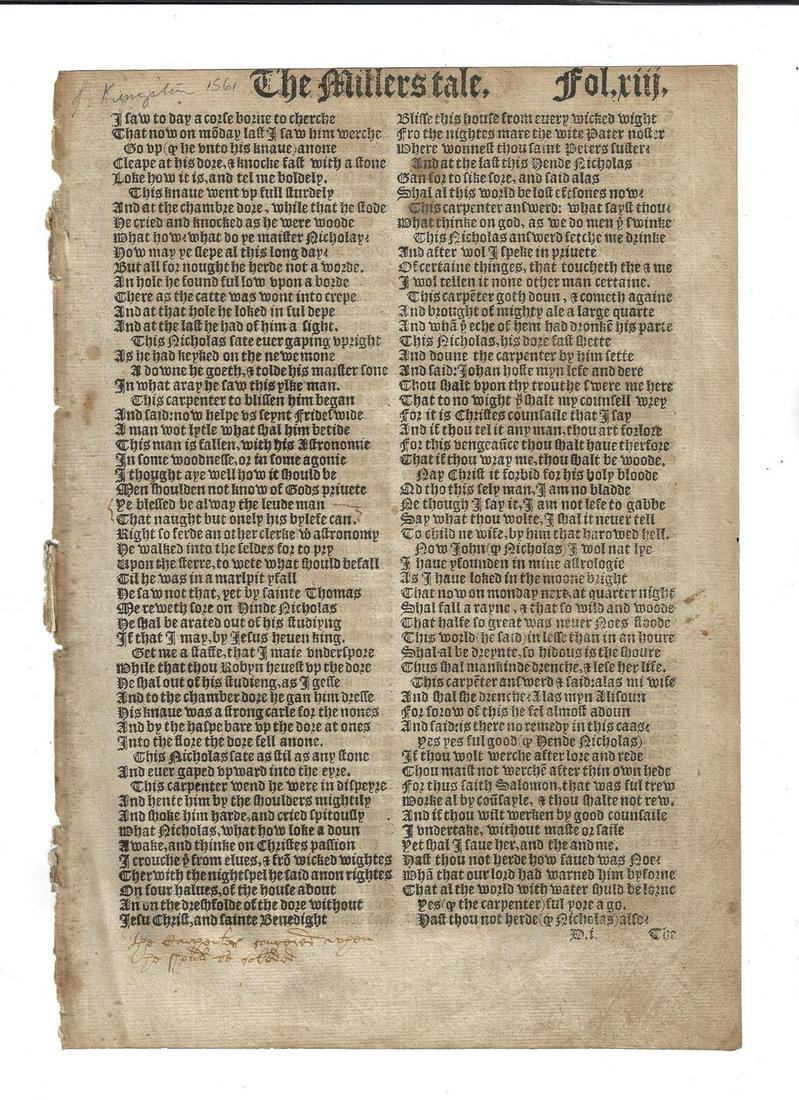 1561 Leaf from Chaucer Canterbury Tales (1 of 2)