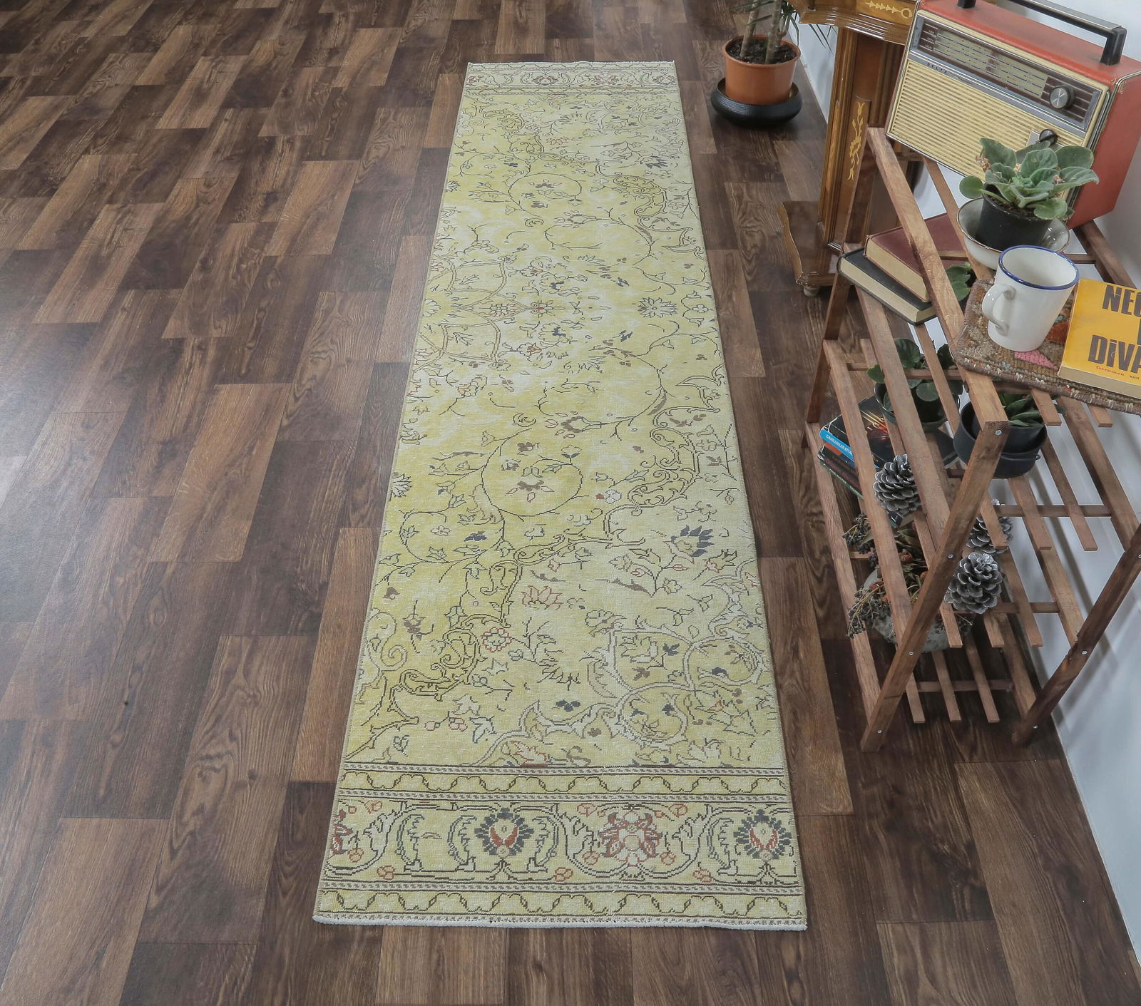 2x9 Turkish Vintage Oushak Runner, Green Handmade Wool (1 of 7)