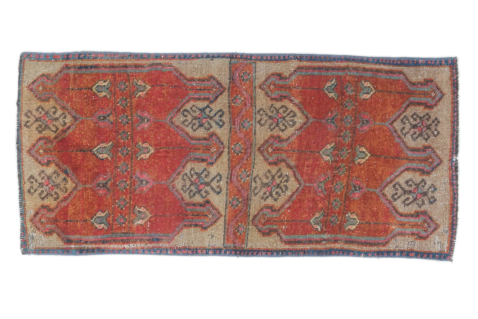 2x4 ANTIQUE RUG, Turkish Vintage Oushak Rug Mini: This Turkish one-of-a-kind vintage doormat rug is hand-knotted and handwoven by the most skilled artisans who use pure wool, in FADED, natural tones, and stylish, boho design in Red Color. It is in ve